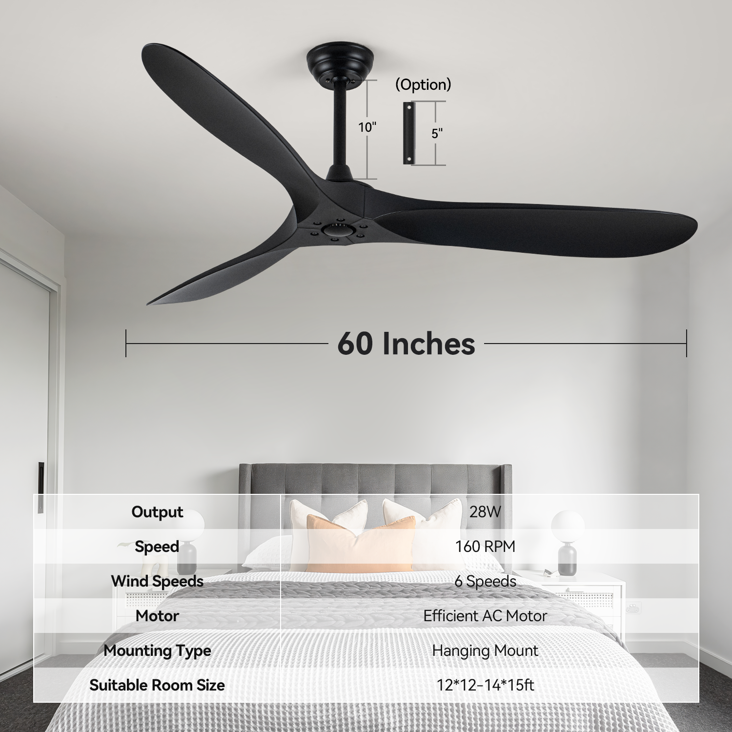 60 Inch Ceiling Fan With Remote Control Timed Lighting, Reversible Airflow And Quiet Operation For Living Room & Bedroom & Outdoor Black Modern Abs