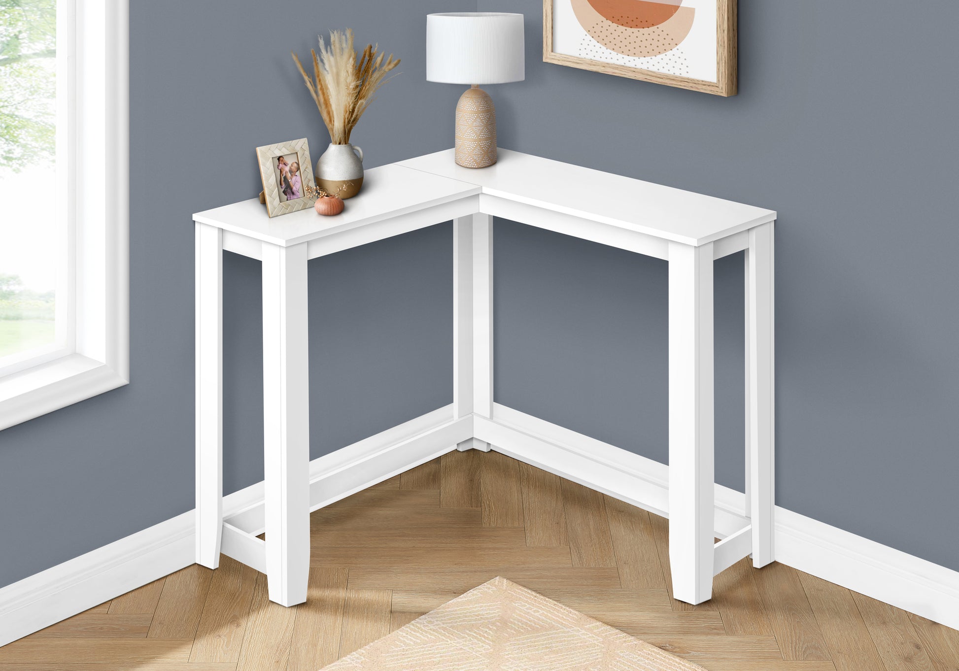 Accent Table, Console, Entryway, Narrow, Corner, Living Room, Bedroom, White Laminate, Contemporary, Modern White Particle Board