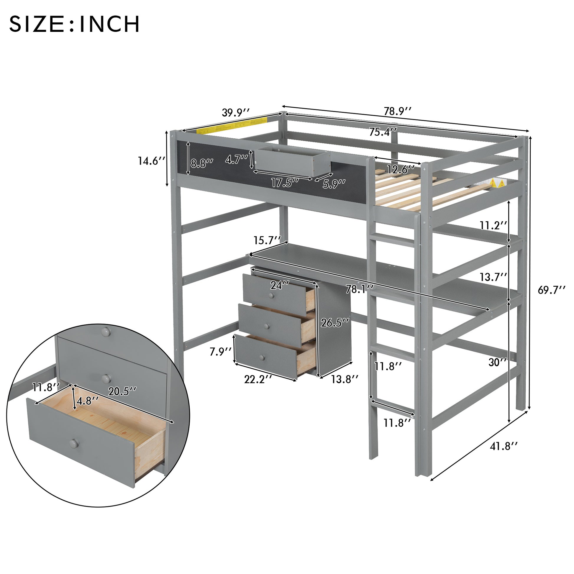 Wood Twin Size Loft Bed With Desk, Blackboard, Storage Box, Shelf And 3 Drawers, Gray Box Spring Not Required Twin Gray Wood Solid Wood Mdf