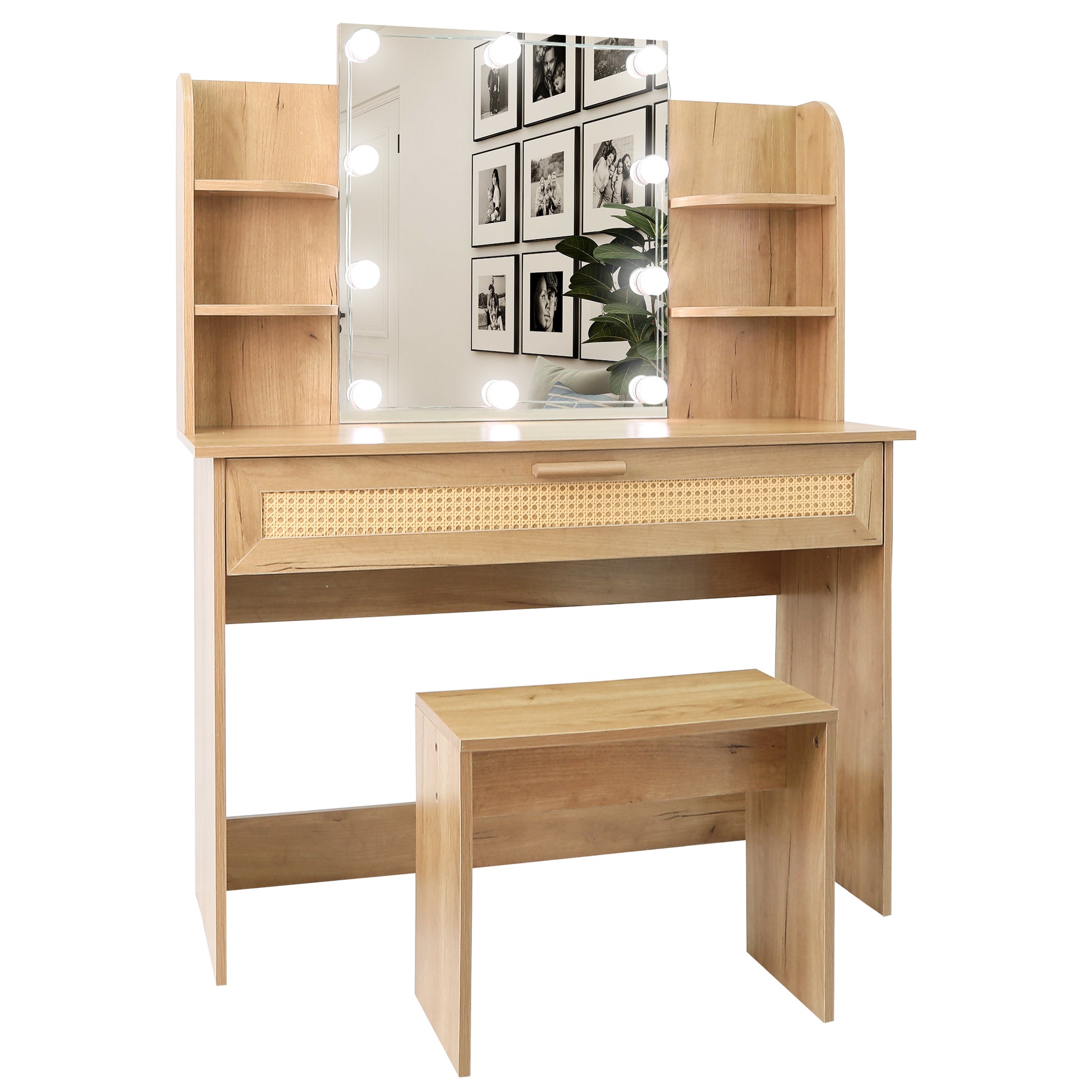 Vanity Desk Set Stool & Dressing Table With Led Lighting Mirror Drawer And Compartments Modern Wood Cosmetic Table Chest Of Drawers Nature Color Natural Wood Particle Board