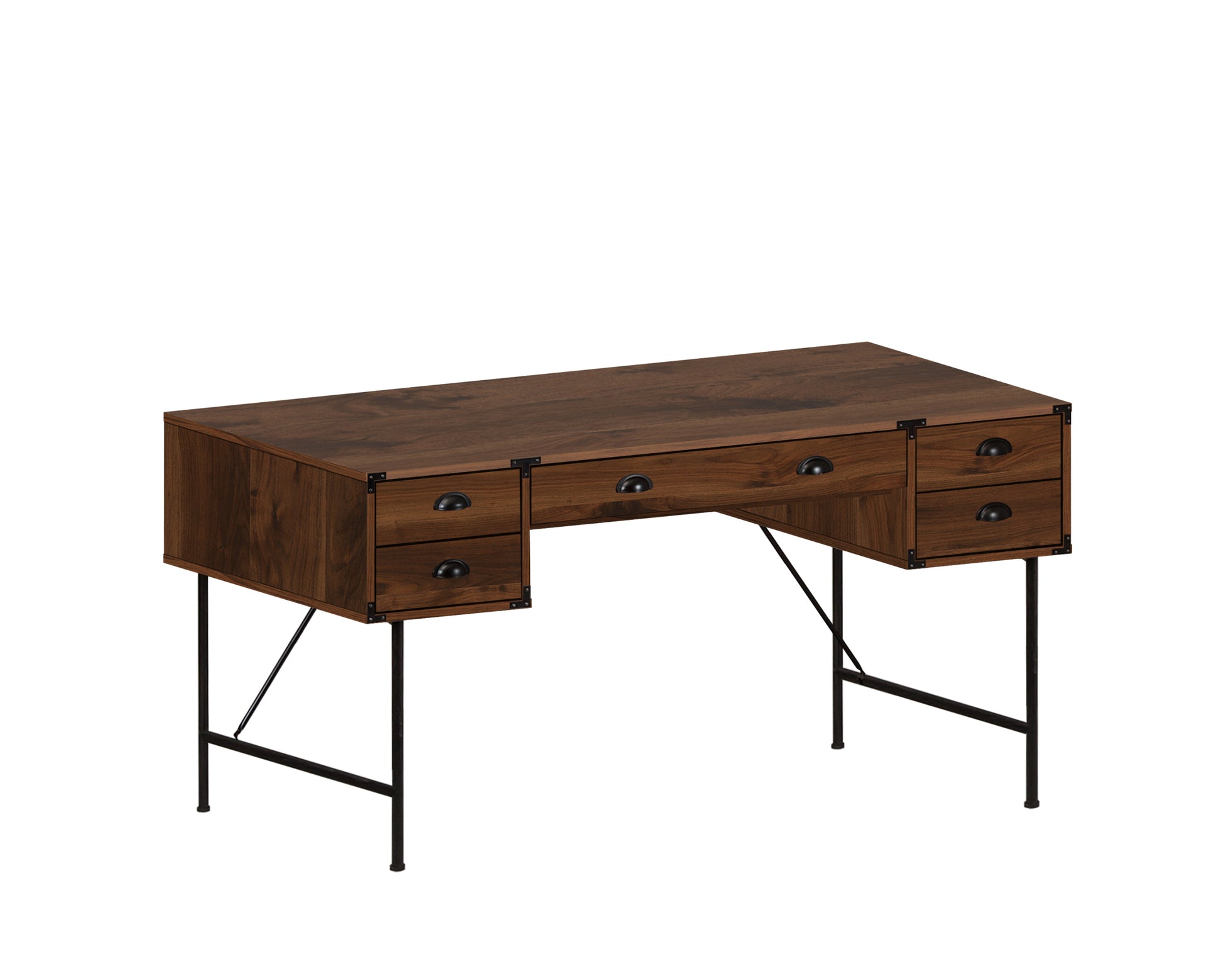 59" Writing Desk "Versatile Walnut Office Desk With Contemporary Metal Frame & Multiple Storage Drawers" Brown Solid Wood