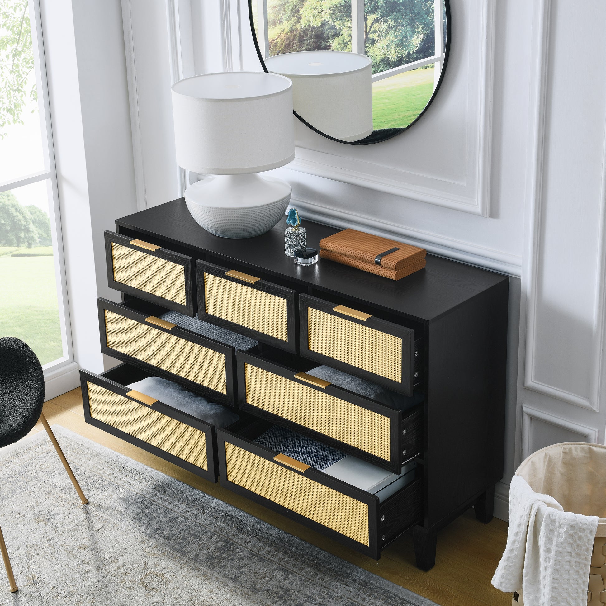 Bedroom 7 Drawer Dresser, Rattan Dresser Modern Wooden Chest Of Drawers With Spacious Storage Space For Bedroom Hallway Living Room Black Solid Wood Mdf