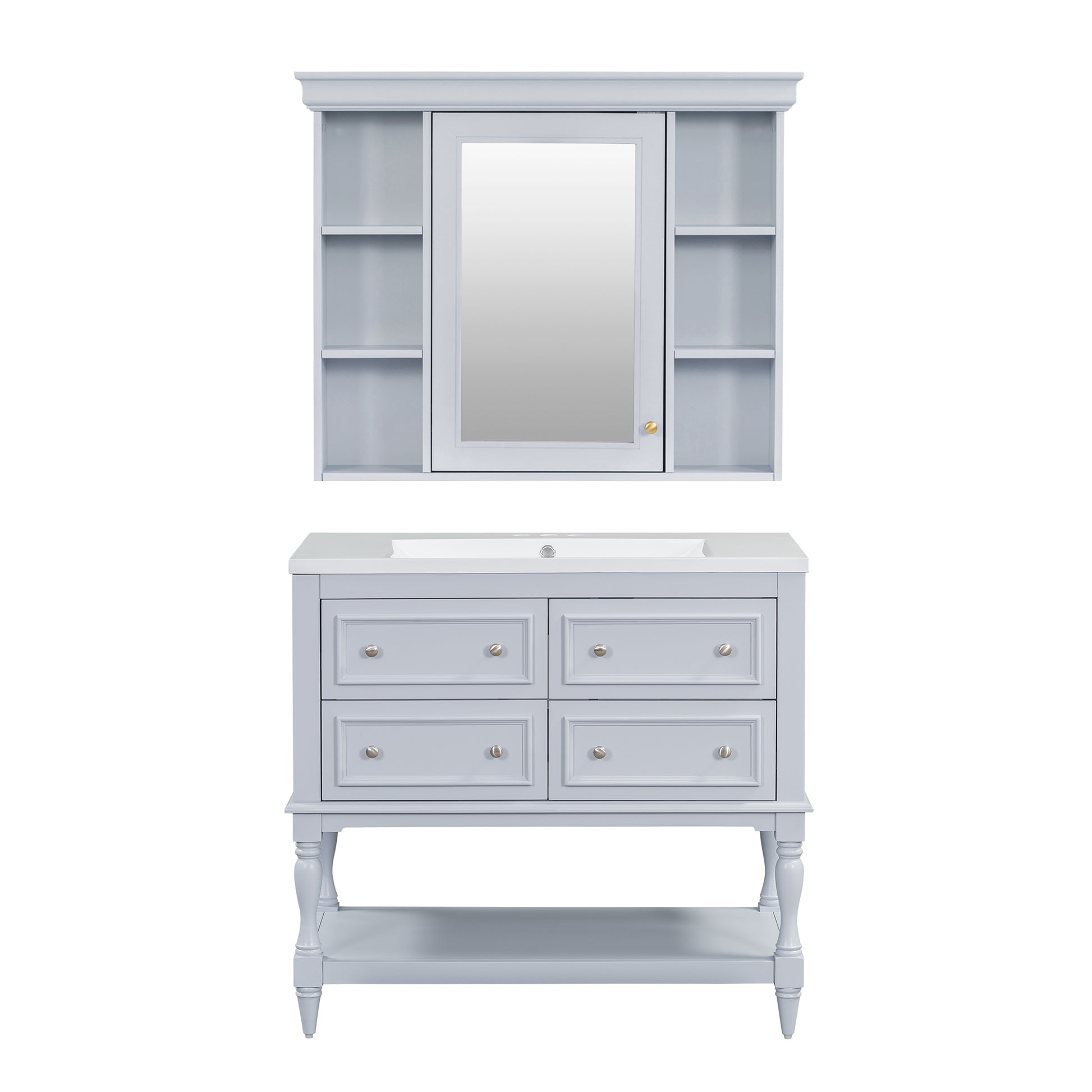 36'' Bathroom Vanity With Medicine Cabinet, Modern Mirror Cabinet With Adjustable Shelf, Bathroom Storage Cabinet With 4 Drawers, Solid Wood Frame Bathroom Storage Cabinet 4 Blue 1 5 Adjustable Hinges Bathroom Freestanding Solid Wood Mdf Resin Painted