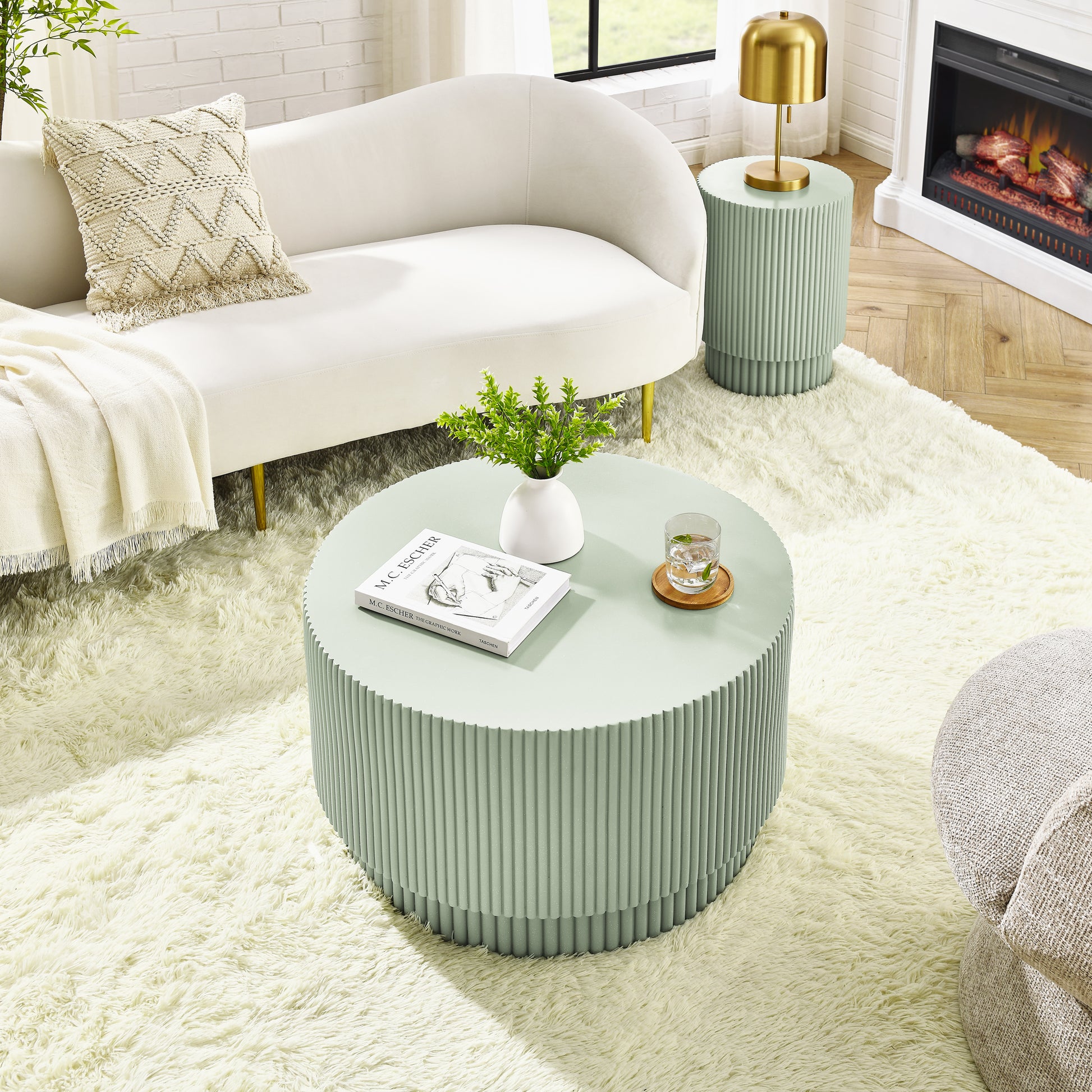 15.72 Inch H Barrel Coffee Table, Nordic Style, Simple Design, Suitable For Indoor And Outdoor Use, Magnesium Oxide Material, Suitable For Living Room, Bedroom Or Garden Sofa Light Green Magnesium