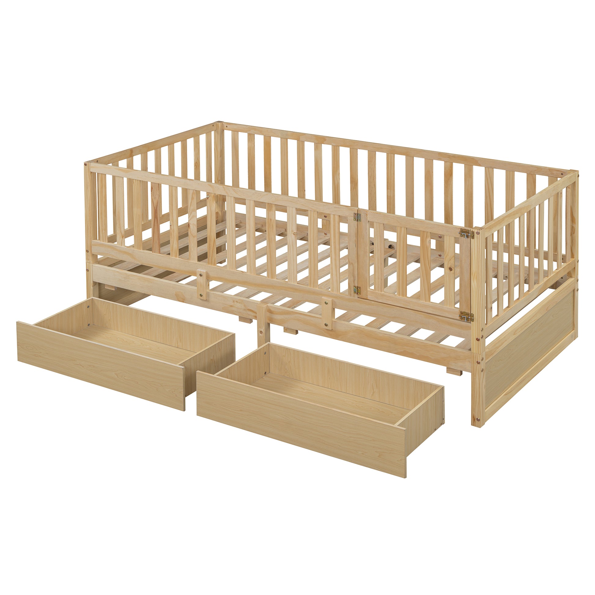 Twin Size Wood Daybed With Fence Guardrails And 2 Drawers, Split Into Independent Floor Bed & Daybed, Natural Old Sku :Lp000881Aan Twin Natural Solid Wood Mdf