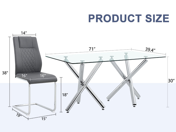 Table And Chair Set.Large Minimalist Rectangular Glass Dining Table For 6 8 With 0.39" Tempered Glass Tabletop And Silver Chrome Metal Legs.Paried With Comfortable Chairs With Pu Seats And Metal Legs. Silver Seats 6 Glass Metal