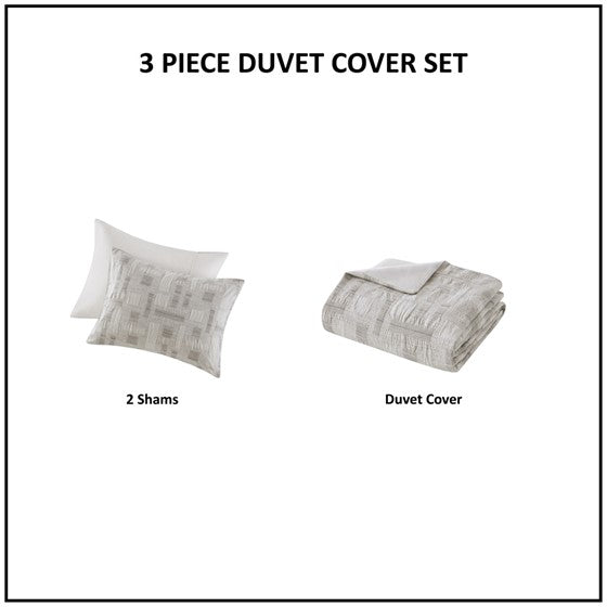 3 Piece Cotton Jacquard Duvet Set Full Queen Ivory Polyester