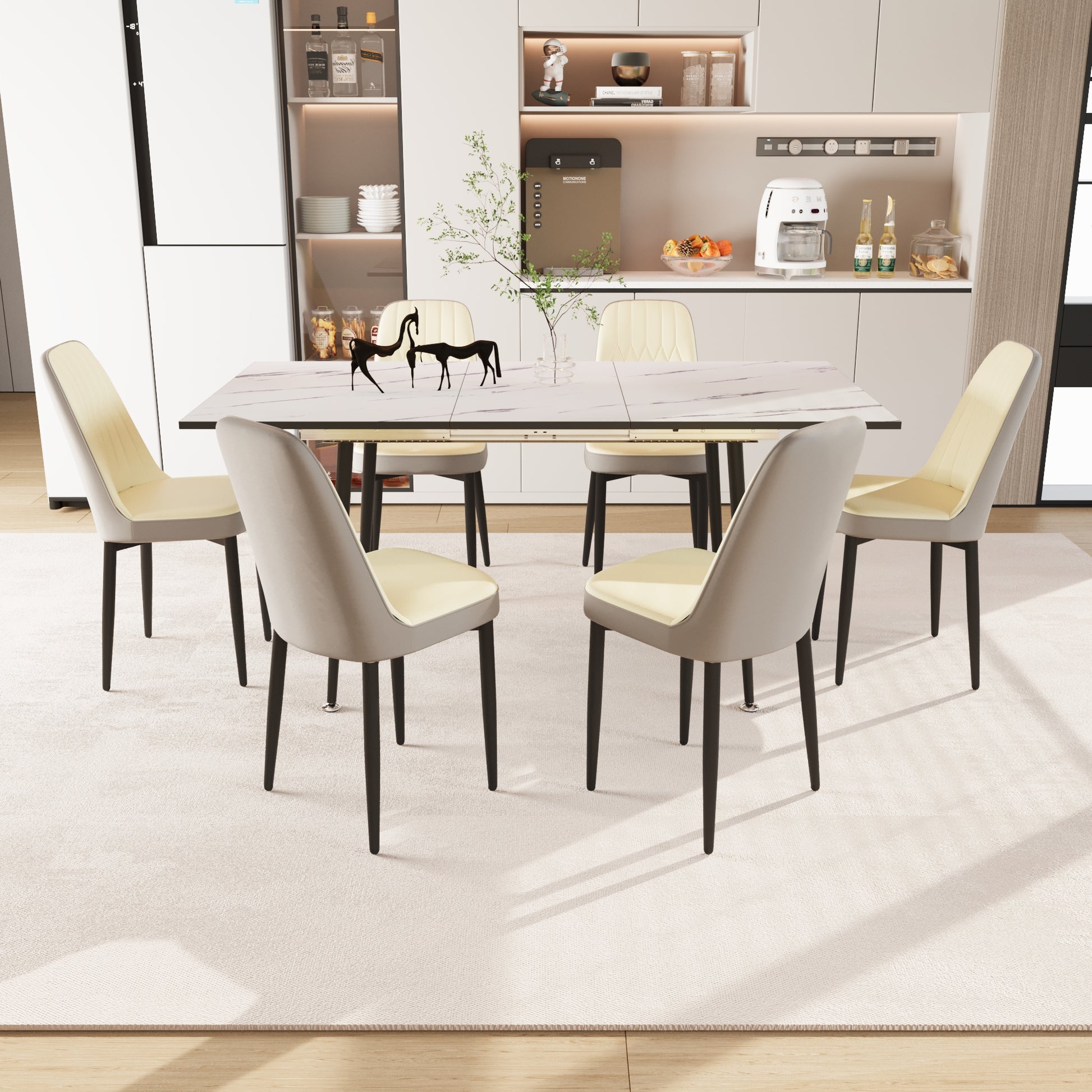 An Expandable Dining Table Set For 2 6 People, Equipped With Pu Fabric Thick Cushioned Dining Chairs And An Elegant And Spacious Dining Tablekitchen Table And Chair Set, With Black Metal Legs Beige