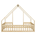 Full Wood House Shaped Floor Bed With Fence, Guardrails,Natural Full Natural American Design Pine