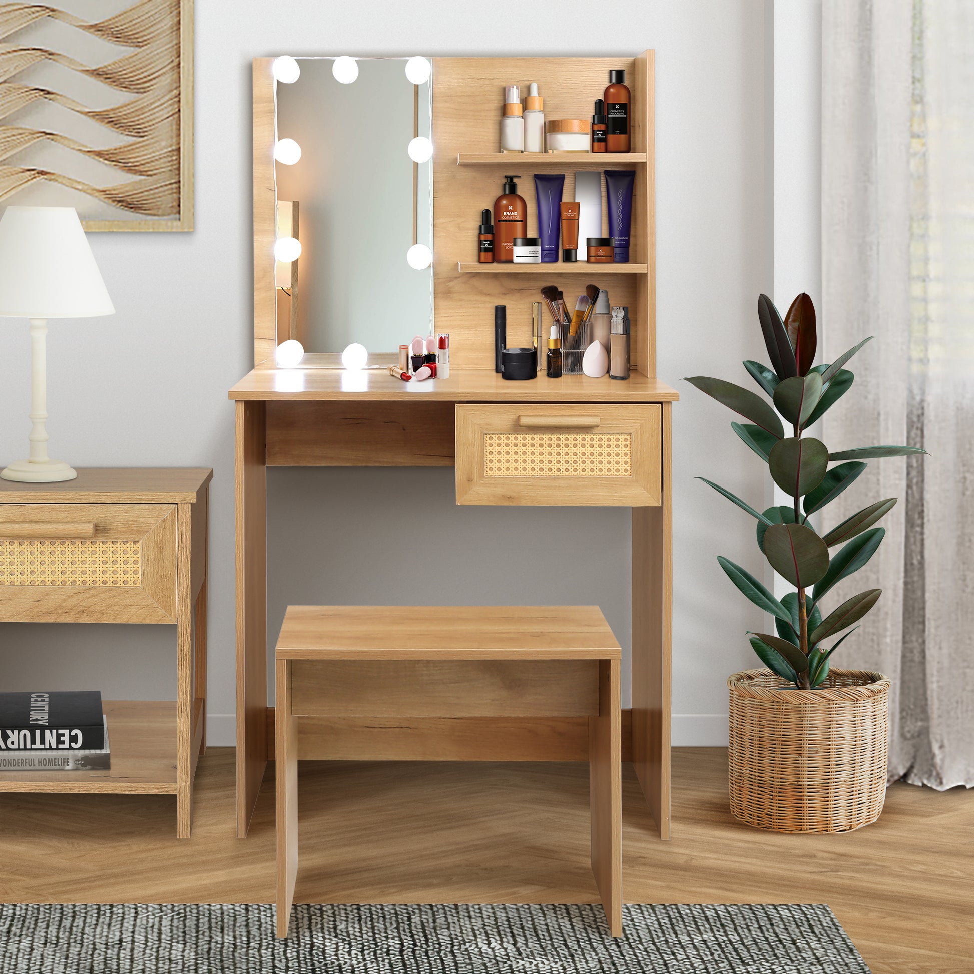 Vanity Desk Set Stool & Dressing Table With Led Lighting Mirror Drawer And Compartments Modern Wood Cosmetic Table Chest Of Drawers Nature Color Natural Wood Particle Board