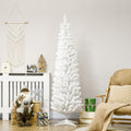 Homcom 6' Snow Flocked Artificial Pencil Christmas Tree, Slim Xmas Tree With Realistic Branches And Plastic Base Stand For Indoor Decoration, White White Plastic