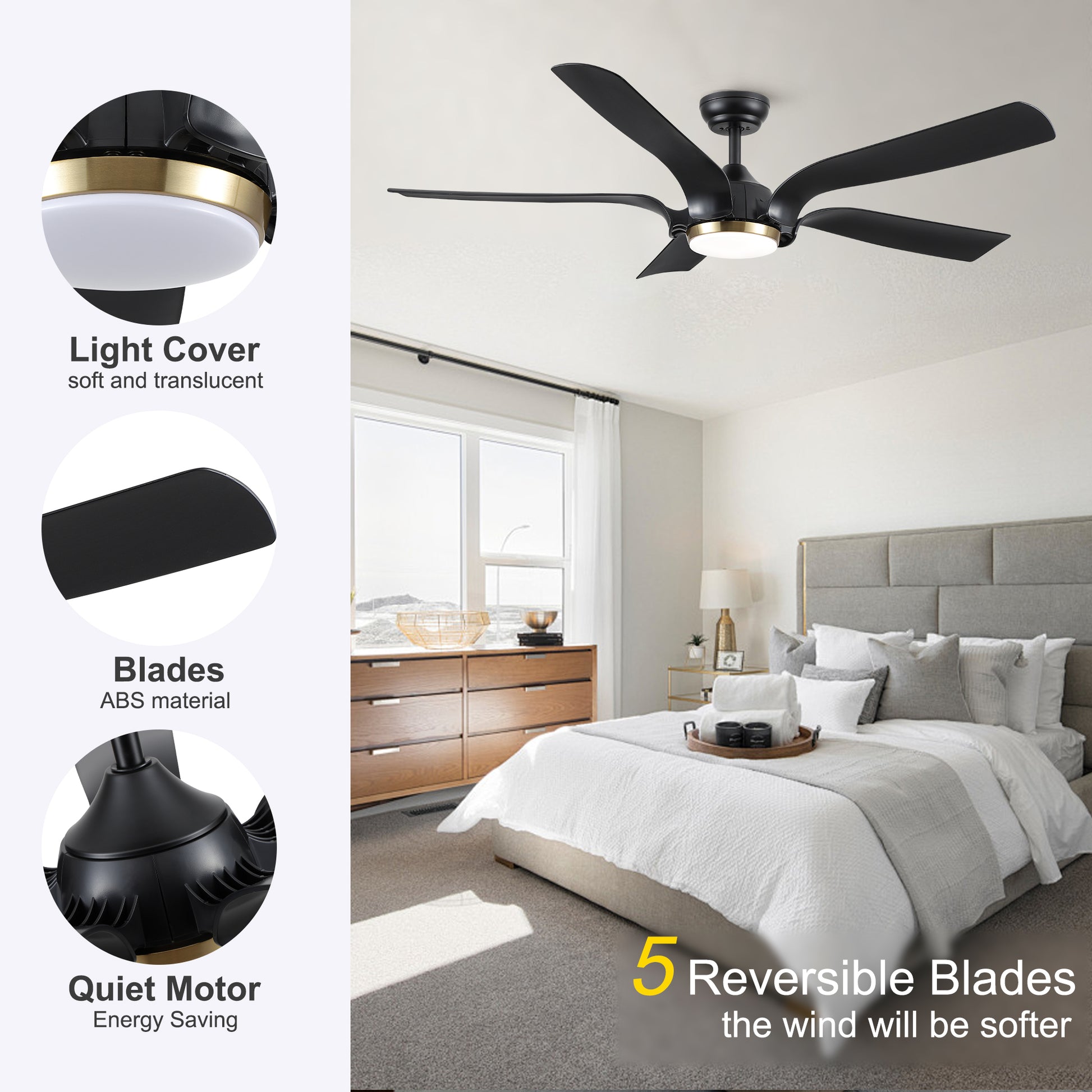 Smart 56" Integrated Led Ceiling Fan With Antique Brown Blades In Matte Black Fan Body Finish Black Abs