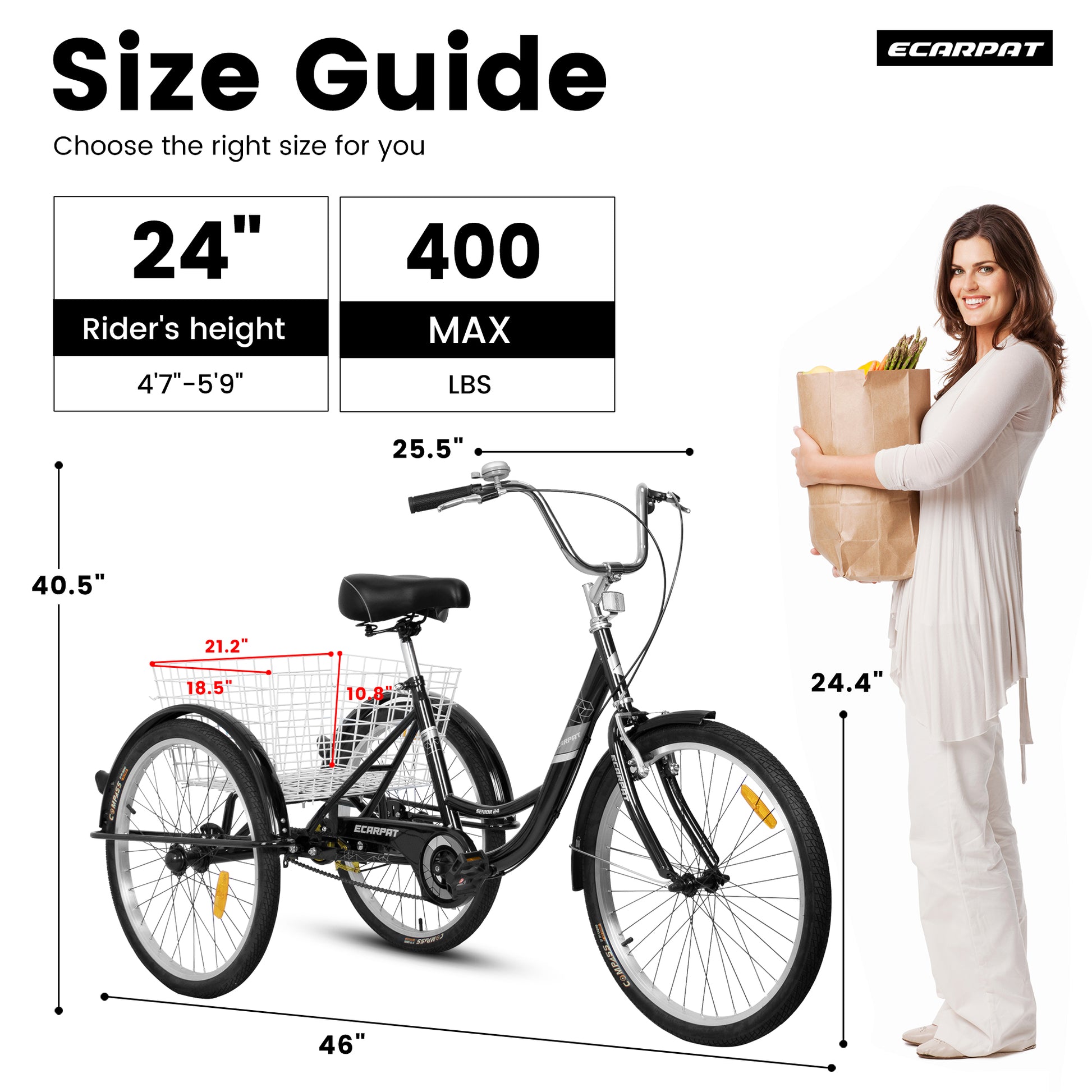 A24631 Adult Tricycles, 1 Speed Adult Trikes 24 Inch 3 Wheel Bikes, Three Wheeled Bicycles Cruise Trike With Shopping Basket For Seniors, Women, Men Black Carbon Steel