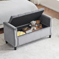 Storage Bench, 44.5 Inch Queen Velvet Button Bedside Bench, Entryway Living Room With Armrests, Trim, Upholstered Bedroom Bench, Bedside Ottoman, Living Room, Entryway, Gray Nailheads Gray White Velvet Primary Living Space Solid Black Modern Wood