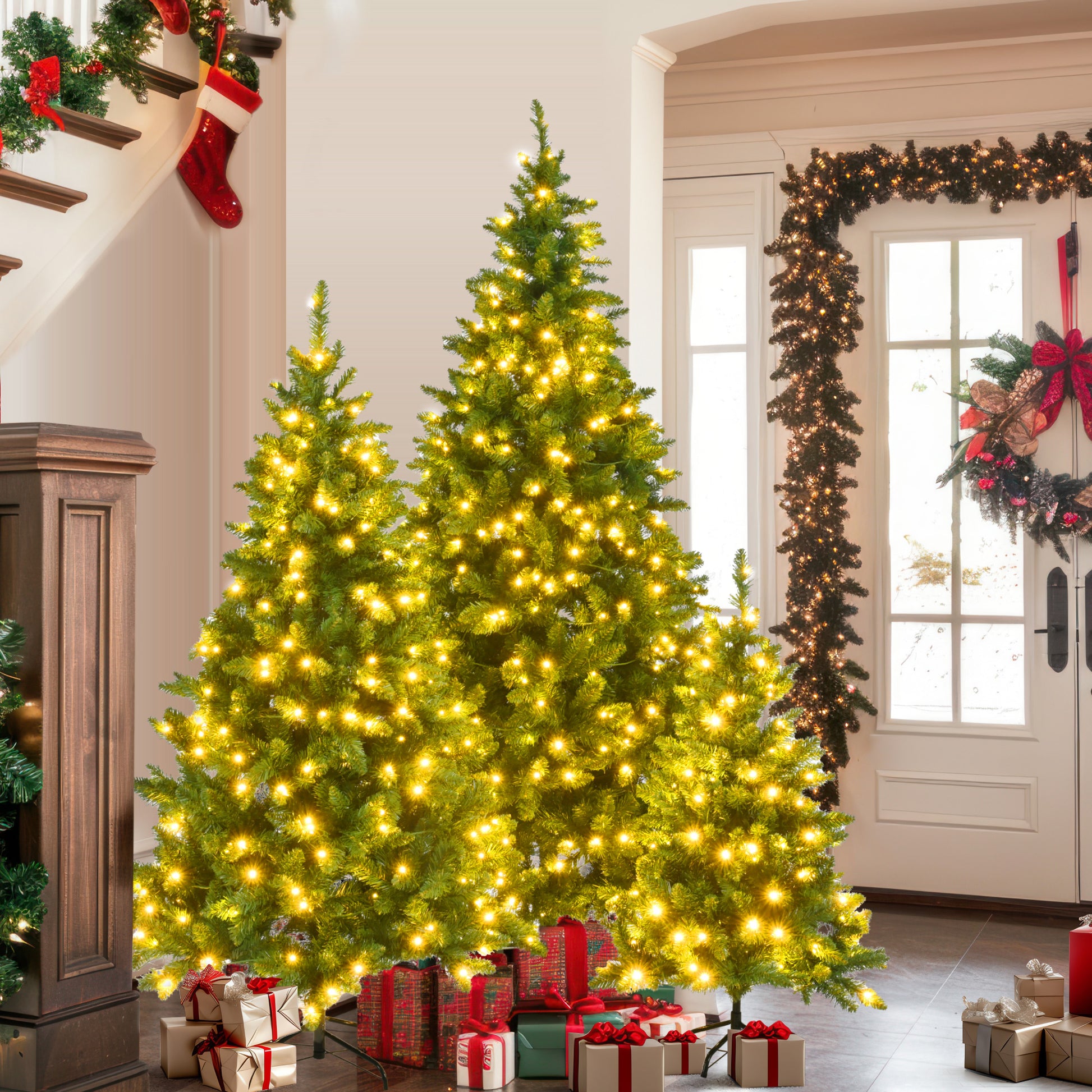 8Ft, 6Ft, 4Ft Pre Lit Green Pine Artificial Christmas Tree, Set Of 3 Hinged Xmas Trees With 820 Warm Yellow Led Lights And 2539 Branch Tips, Holiday Decoration For Home,Office And Party Green Pvc