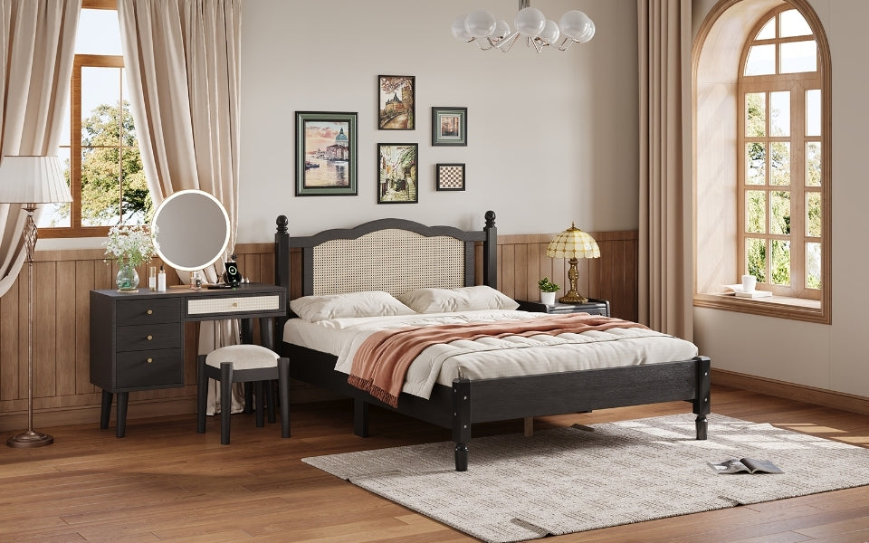 3 Pieces Bedroom Set With Full Size Wooden Bed Frame, 1 Vintage Nightstand And 1 Makeup Vanity Set With Stool,Black Expected Arrival Time: 08.23 Full Black 3 Piece Set Wood