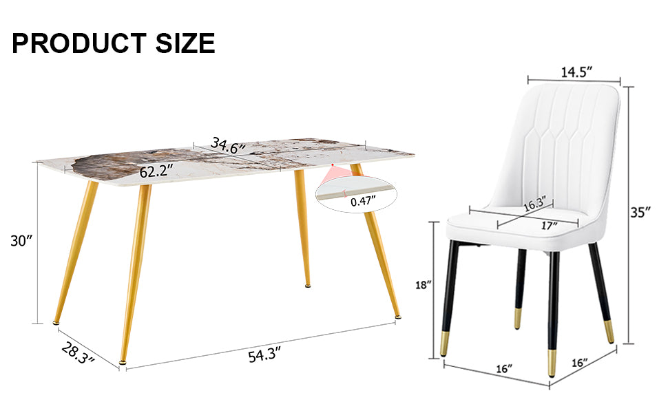 Table And Chair Set.Modern Minimalist Dining Table. White Imitation Marble Pattern Sintered Stone Desktop With Golden Metal Legs.Paried With 4 Comfortable Chairs With Pu Seats And Black Metal Legs.