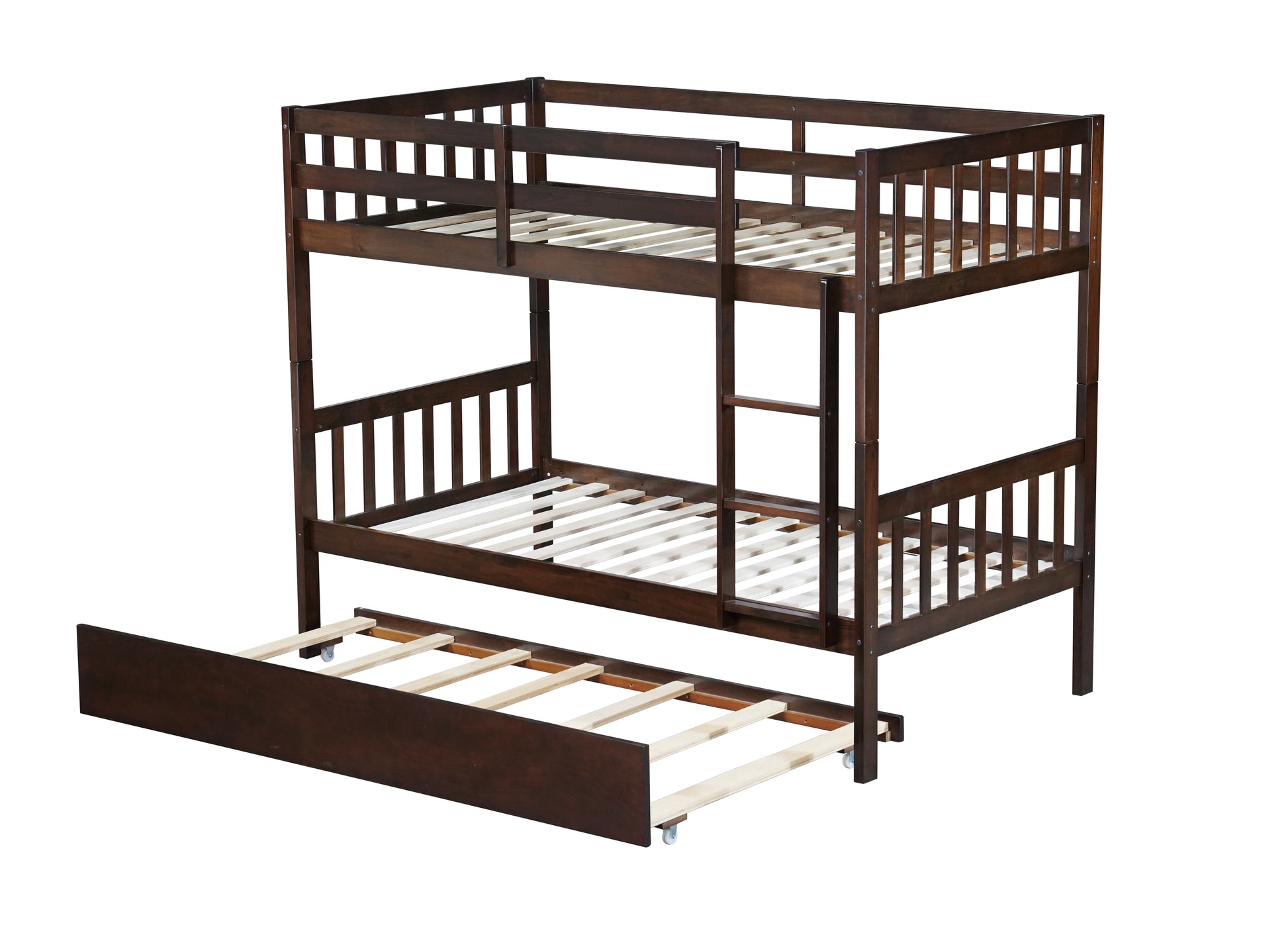 Twin Over Twin Rubber Wood Bunk Bed With Trundle, Convertible Into 2 Twin Size Beds, Twin Size Bunk Bed With Ladder And Safety Guardrails,Espresso Twin Espresso Rubber Wood