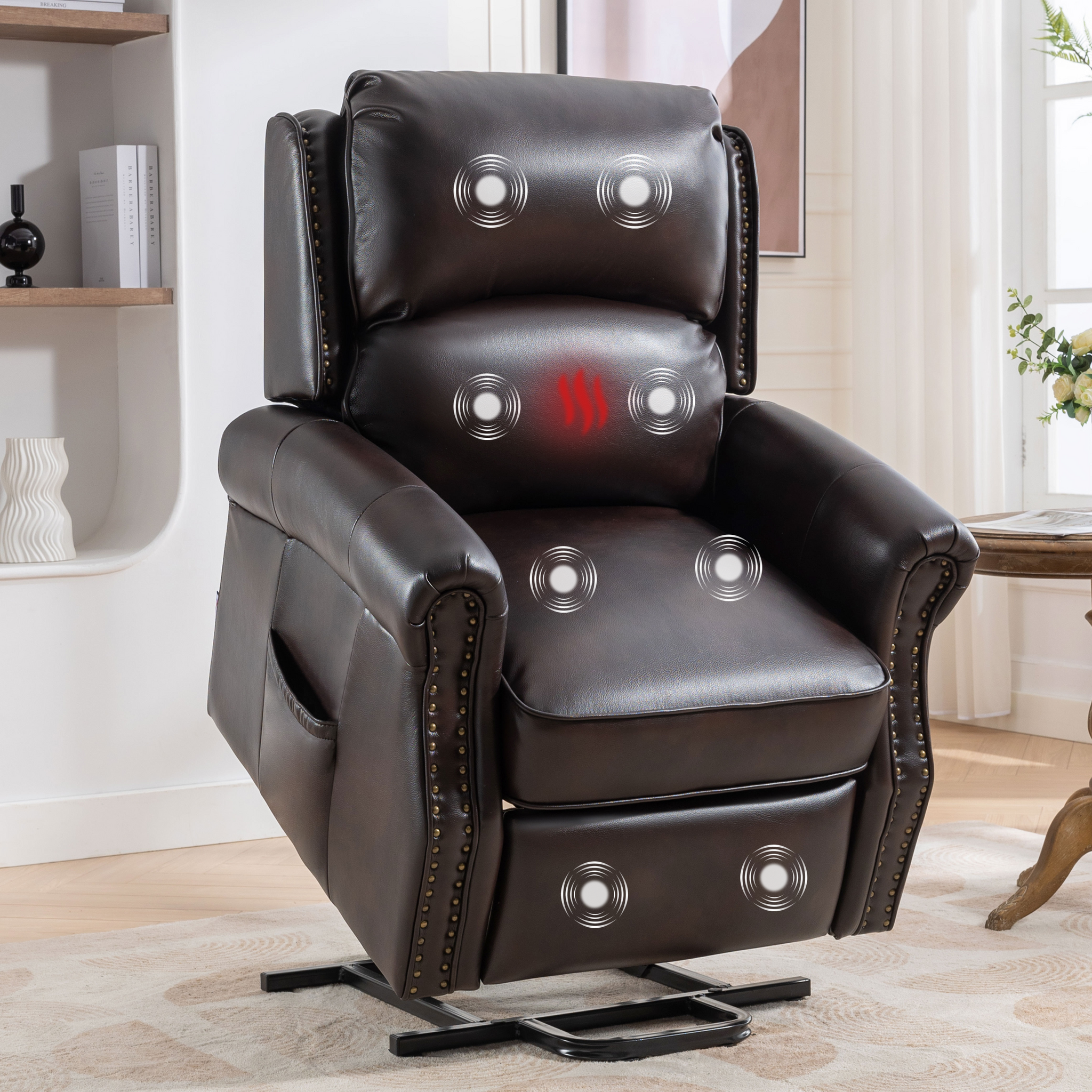 Lift Recliner Chair, Electric Power Lift Recliner Chair For Elderly With Eight Points Massage And Heating Brown Brown Faux Leather Power Remote Wood Primary Living Space Soft American Traditional Metal & Wood