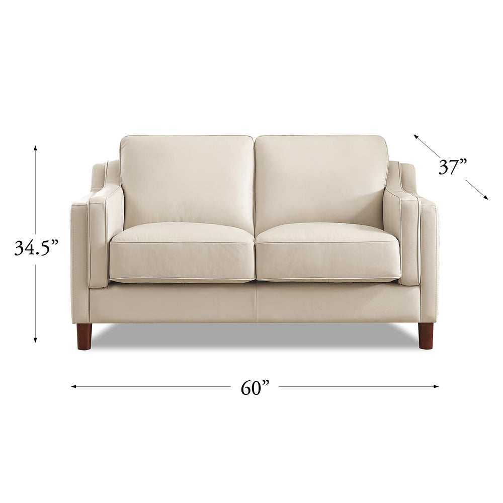 Bella Top Grain Leather Loveseat Beige White Genuine Leather Wood Primary Living Space Medium Firm Cushion Back Mid Century Modern Eucalyptus Square Arms Down Filling Leather