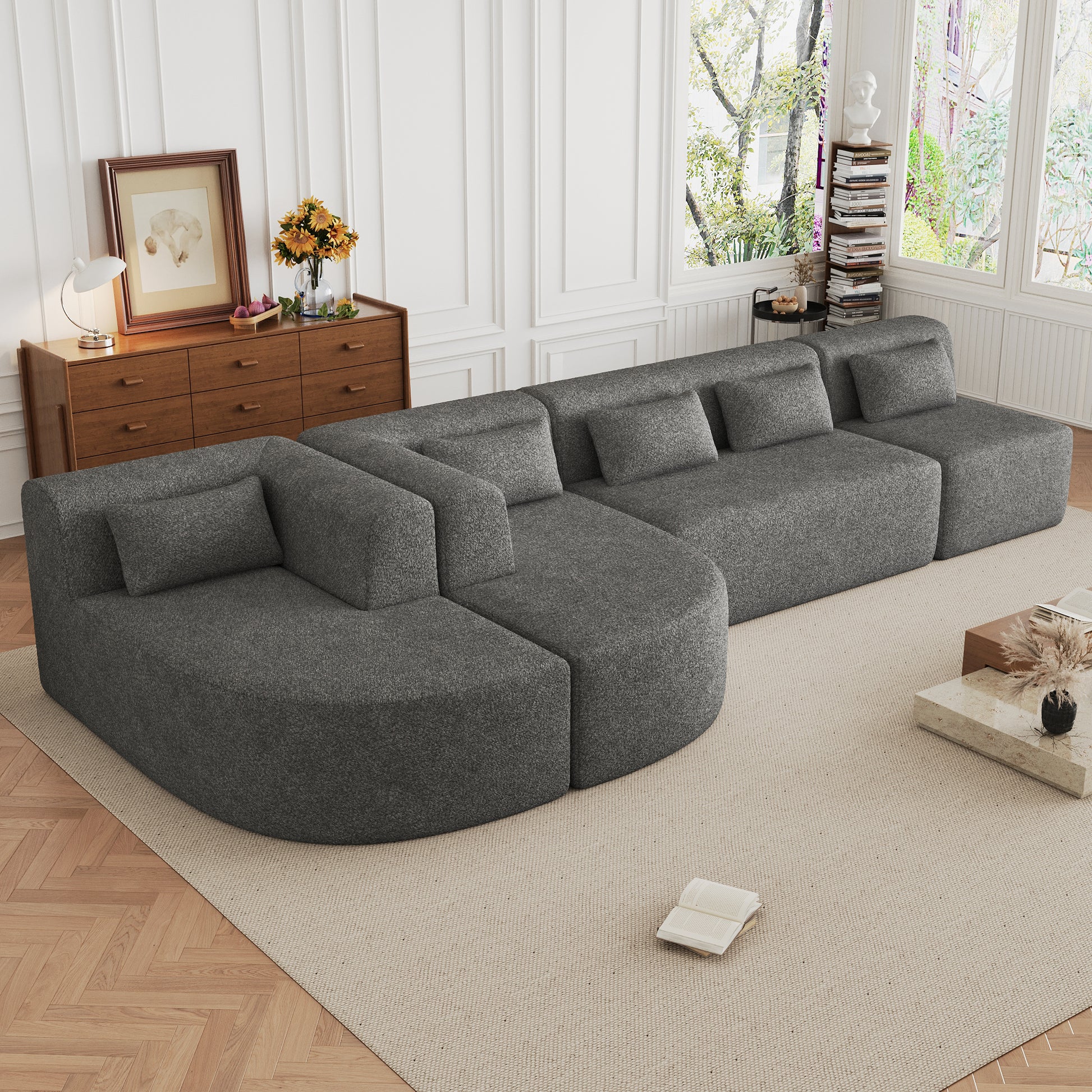 143.7" Upholstered Sofa Free Combined Sofa Couch With Two Chaise Lounge And Five Back Pillows For Living Room, Light Gray Light Gray Foam Polyester 5 Seat