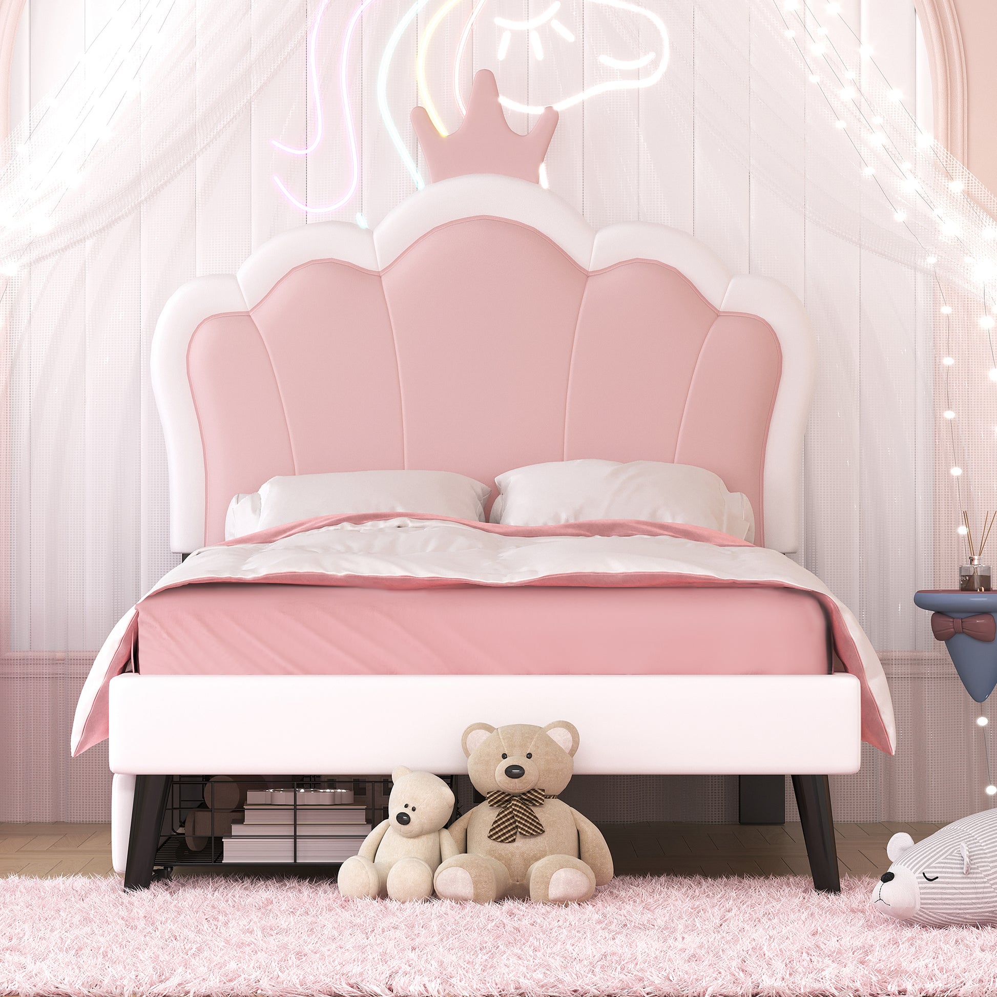 Twin Size Upholstered Princess Bed With Crown Headboard And 2 Drawers,Twin Size Platform Bed With Headboard And Footboard, Pink White Twin White Pu