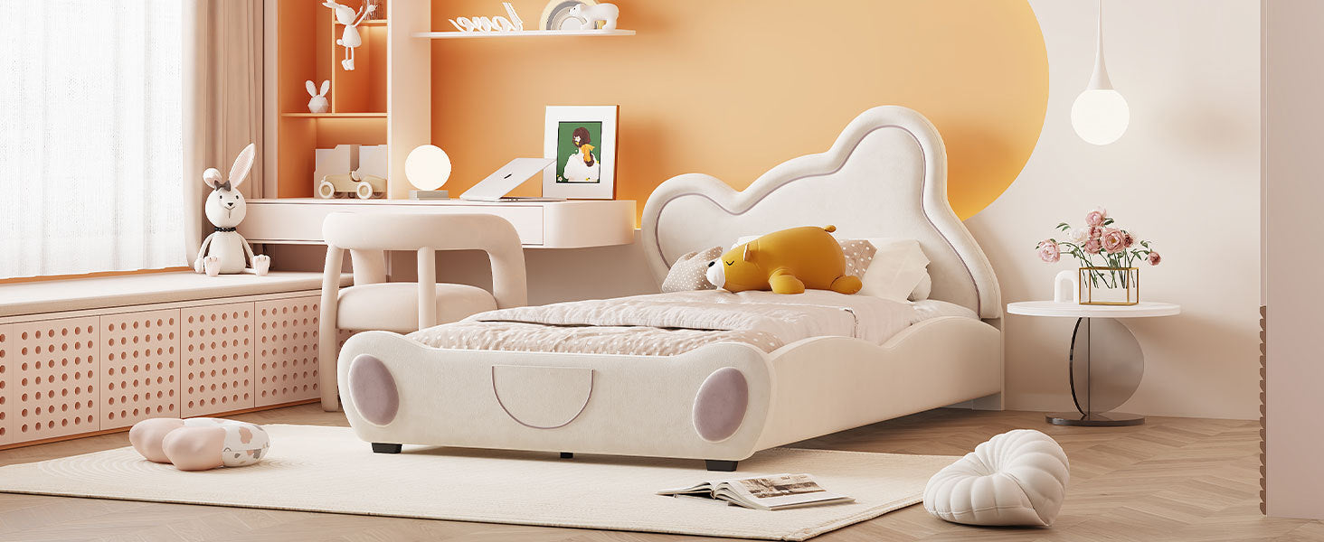 Twin Size Velvet Platform Bed With Bear Shaped Headboard, With Bed End Storage Pocket, Beige Twin Beige Plywood