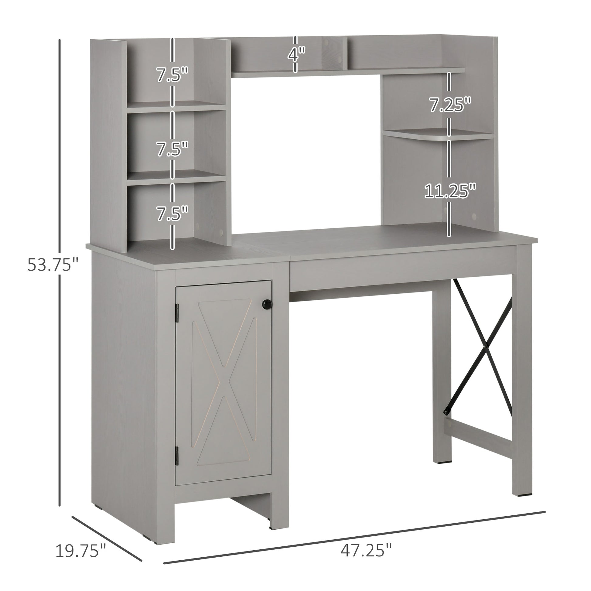 Homcom Farmhouse Computer Desk With Hutch And Cabinet, Home Office Desk With Storage, For Study, Light Grey Light Grey Particle Board