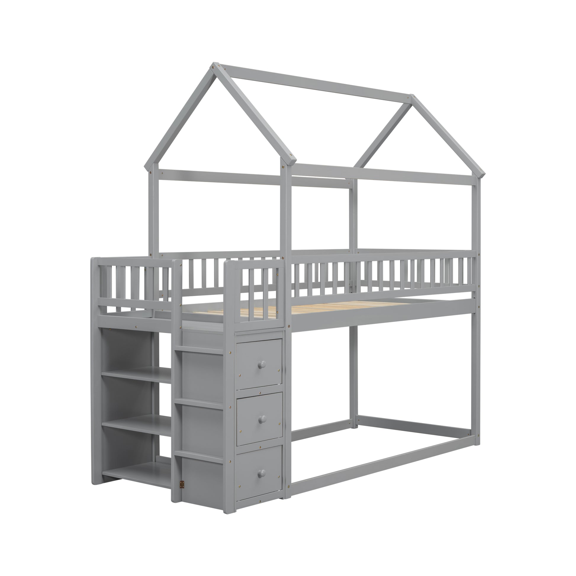 Twin Twin House Bunk Bed With Shelves And Drawers For Grey Color Box Spring Not Required Twin Grey Bedroom Bunk Pine