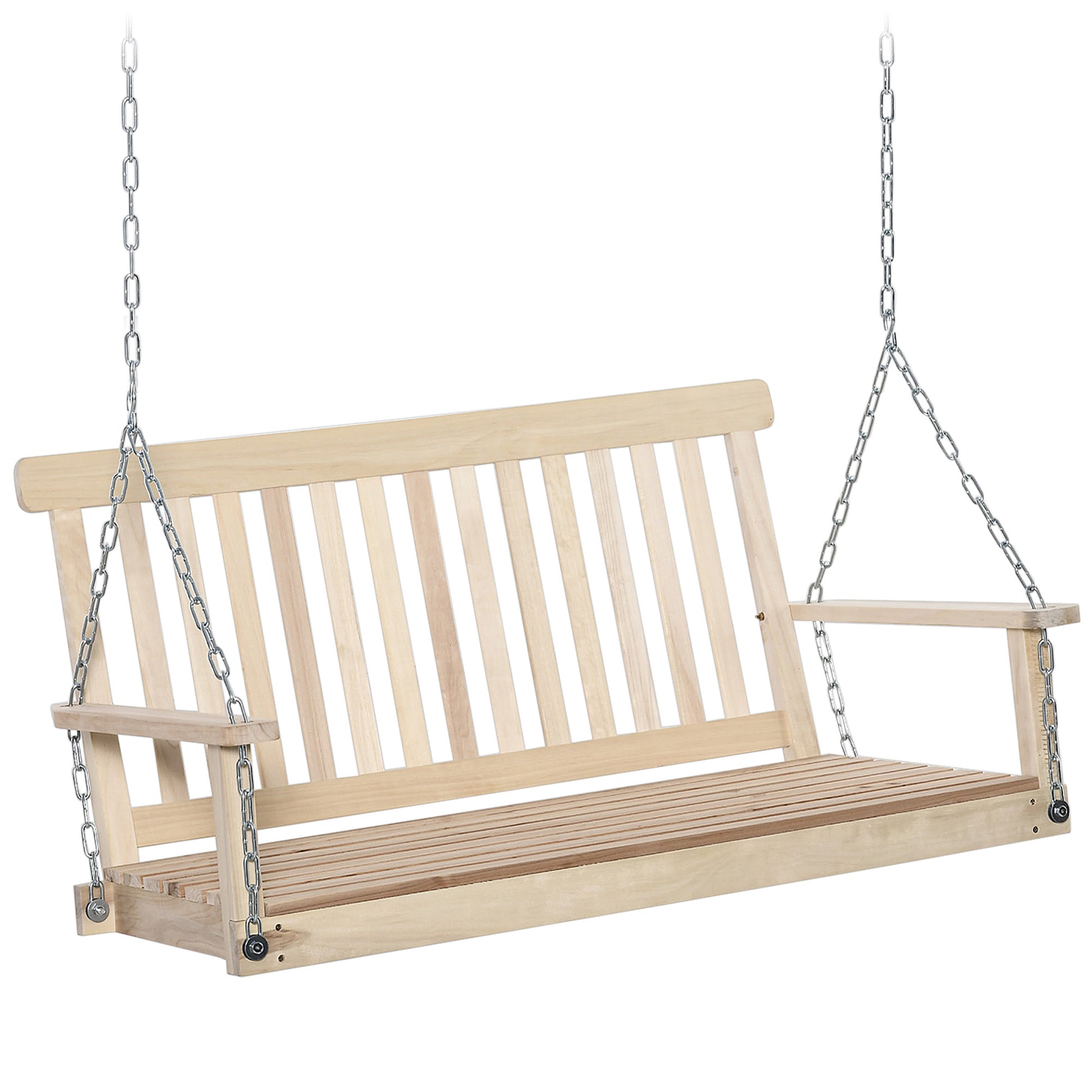 Outsunny 2 Seater Hanging Porch Swing Outdoor Patio Swing Chair Seat With Slatted Build And Chains, 440Lbs Weight Capacity, Natural Natural Wood