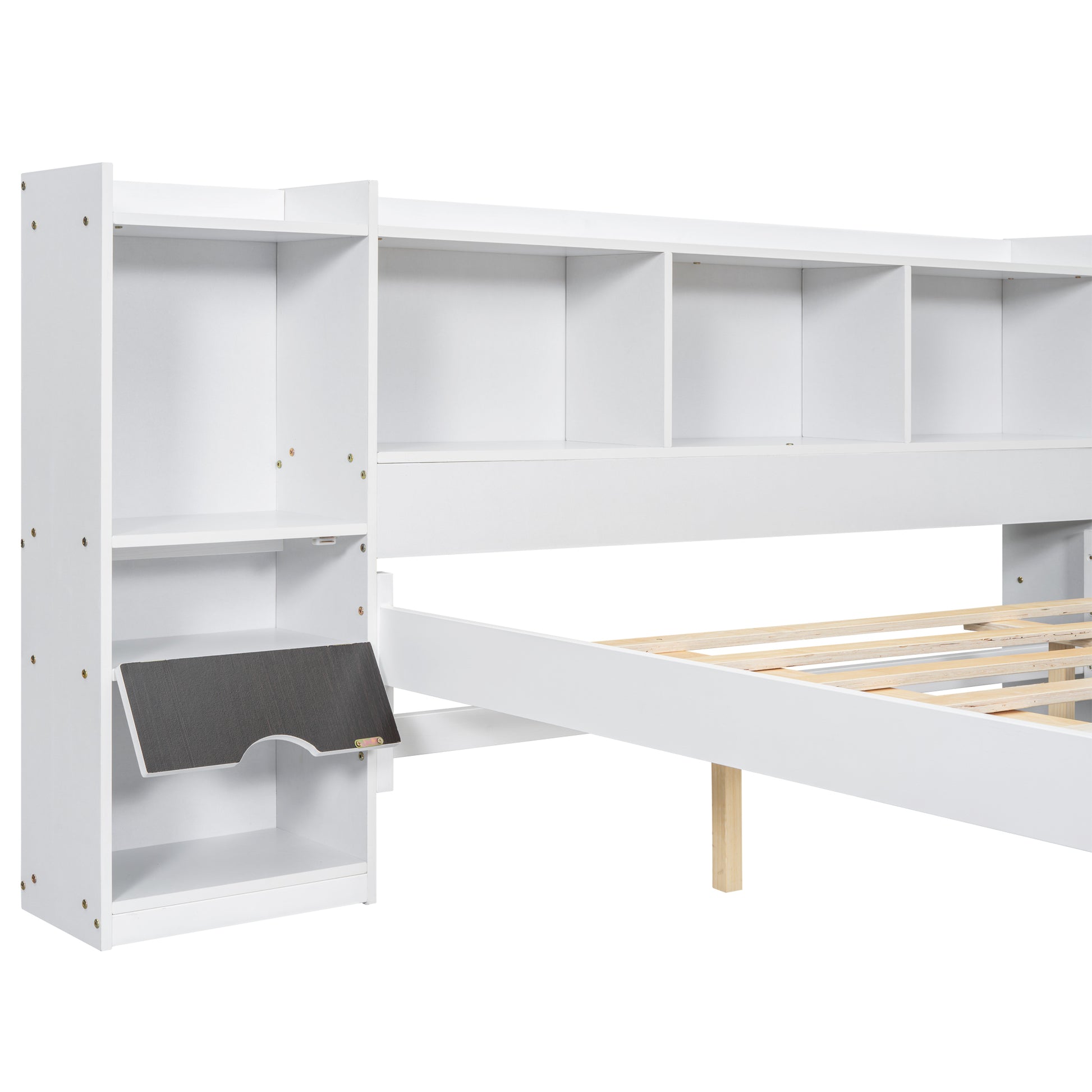 Queen Size Wood Platform Bed With Multi Storage Headboard And A Drawer, White Box Spring Not Required Queen White Wood Bedroom Bed Frame Solid Wood Mdf