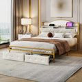 Metal Platform Bed With 2 Drawers, Storage Headboard, Queen, Gold Queen Gold White Fabric Metal