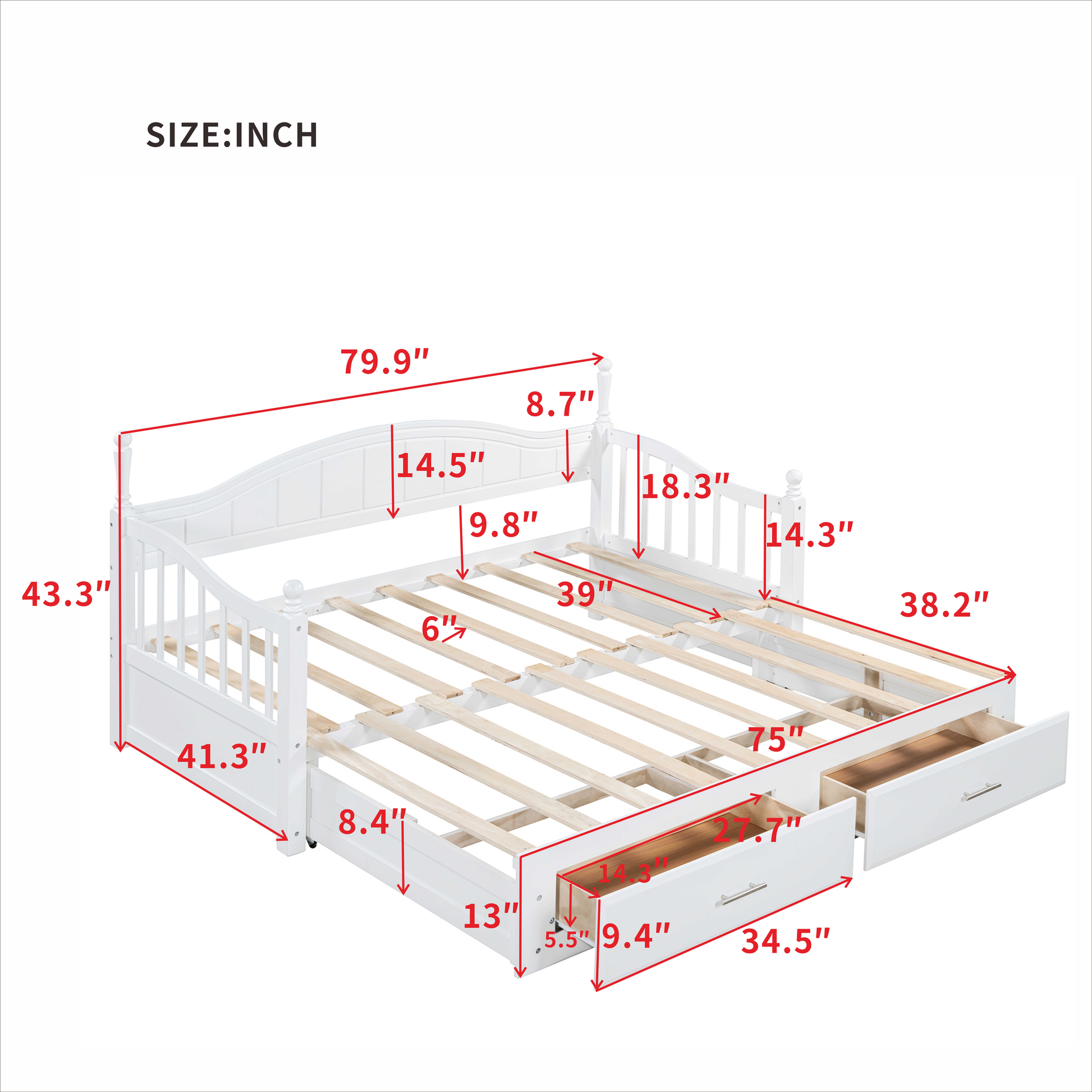 Wooden Twin Size Daybed With Twin Size Trundle, Extendable Daybed With Two Storage Drawers,White Expected Arrival Time:9.12 Twin White Wood