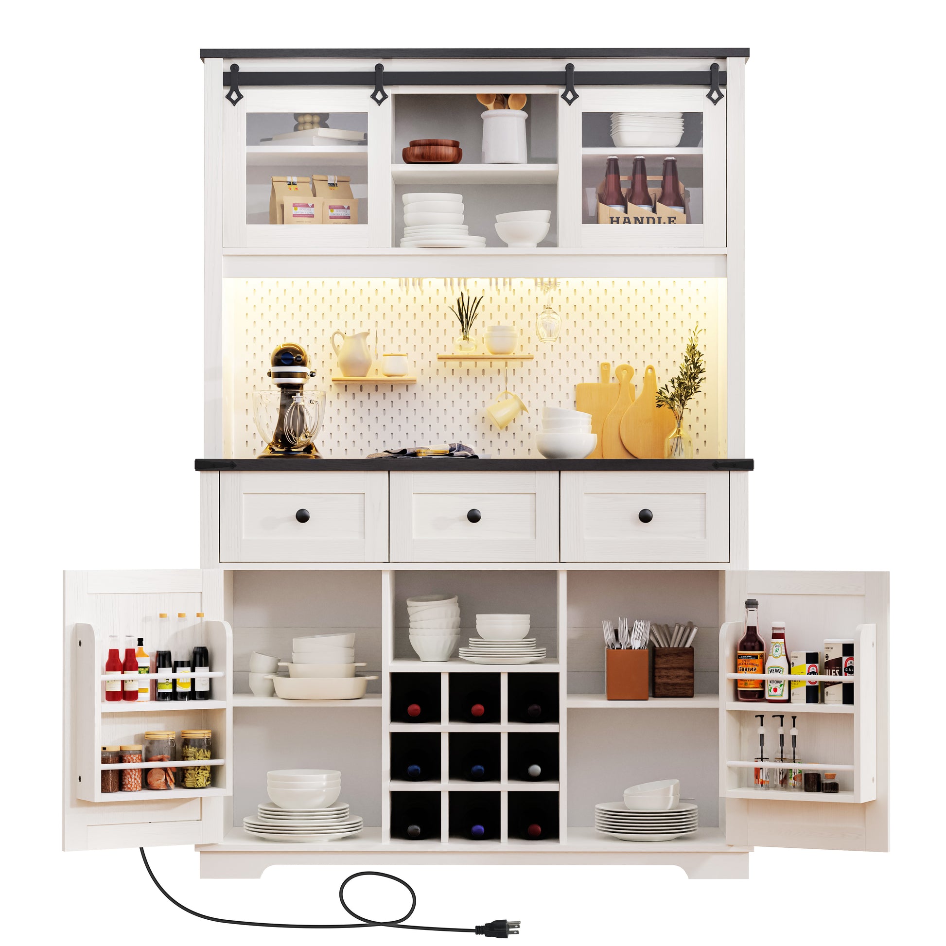 K&K 71" Farmhosue Pantry Bar Cabinet With Internal Storage Rack,Kitchen Cabinet With Hutch,Sliding Door,Power Outlet,Pegboard,Wine & Glasses Rack,3 Drawers,Rustic Coffee Bar Storage Cabinet,White Oak White Oak White Kitchen American Design,American