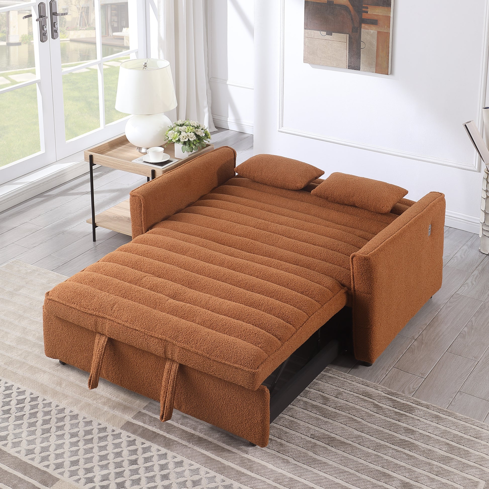 Soft Boucle Convertible Two Bedroom Sofa With Adjustable Back, 2 Seater Sofa, Pull Out Bed, 2 Waist Pillows For Small Living Rooms And Apartments Light Brown Foam Boucle 2 Seat