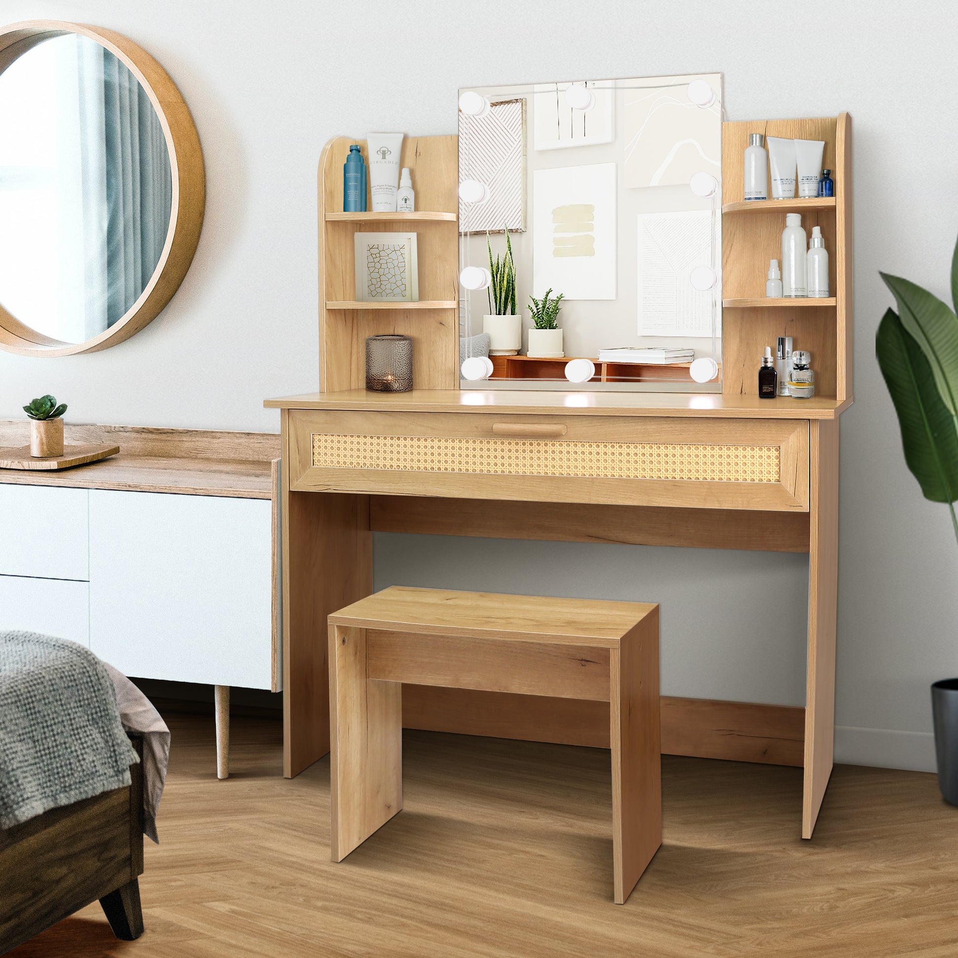 Vanity Desk Set Stool & Dressing Table With Led Lighting Mirror Drawer And Compartments Modern Wood Cosmetic Table Chest Of Drawers Nature Color Natural Wood Particle Board