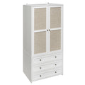 2 Door Wardrobe With 3 Drawers High Wardrobe Armoire With 2 Rattan Door For Living Room, Bedroom Organizer White Particle Board Mdf