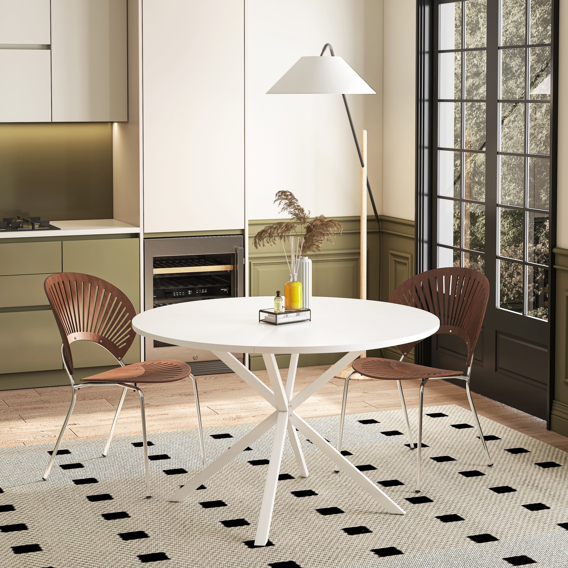 47.24'' Modern Cross Leg Round Dining Table, White Top Occasional Table, Two Piece Removable Top, Matte Finish Iron Legs White Mdf Metal