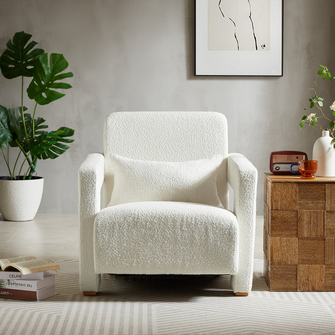 Mirod Sleek Right Angle Armrests, Ergonomic Lumbar Support, Square Wooden Block Legs, Inclined Seat For Comfort, Artistic Statement Piece For Living Room,Bedroom And Study White Boucle