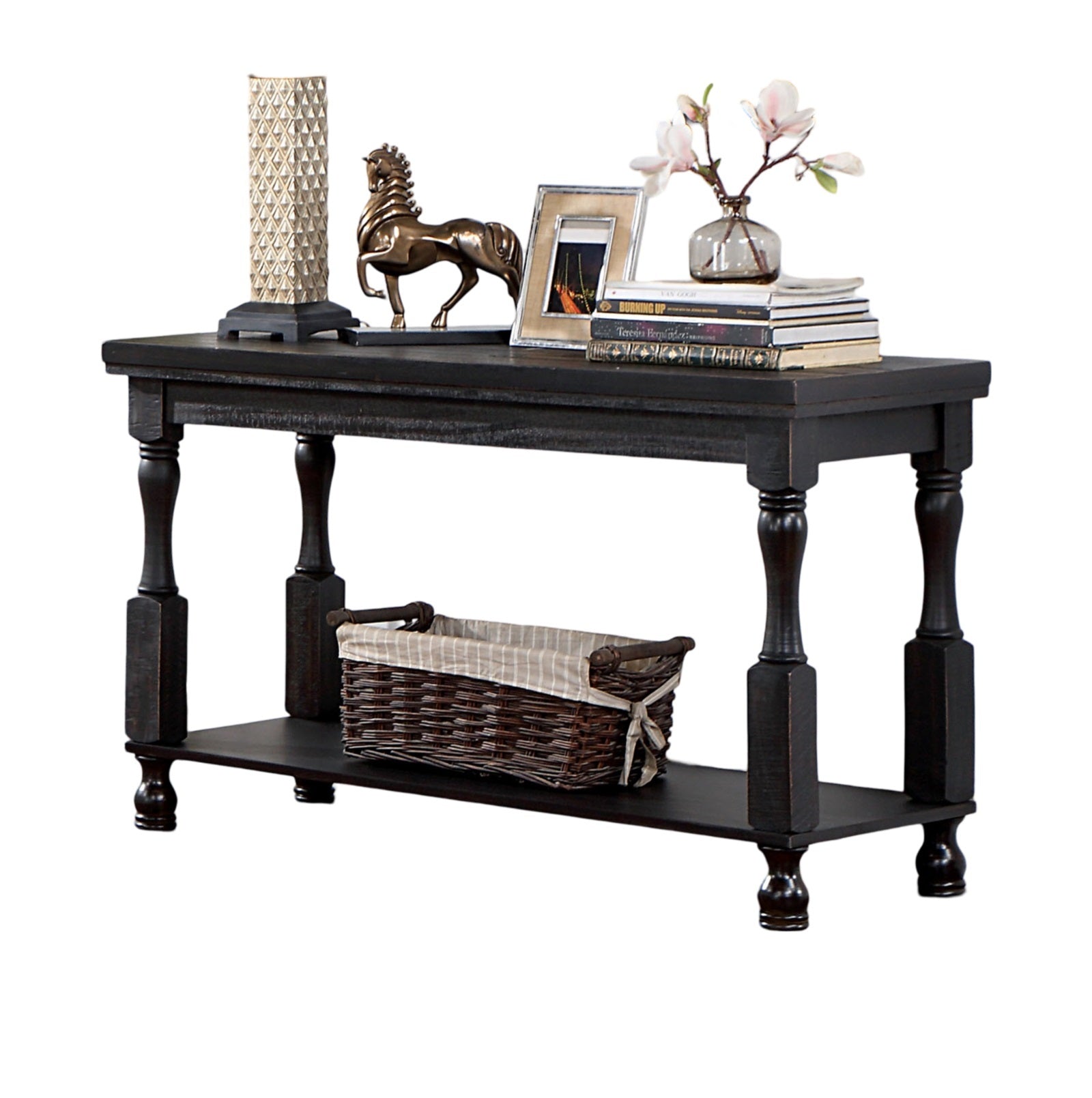 Rustic Style Antique Black 1Pc Sofa Table Open Bottom Shelf Plank Style Table Top Living Room Furniture Antique Black Primary Living Space Classic,Contemporary,Modern,Rustic,Transitional Open Storage Rectangular Console Tables Solid Wood