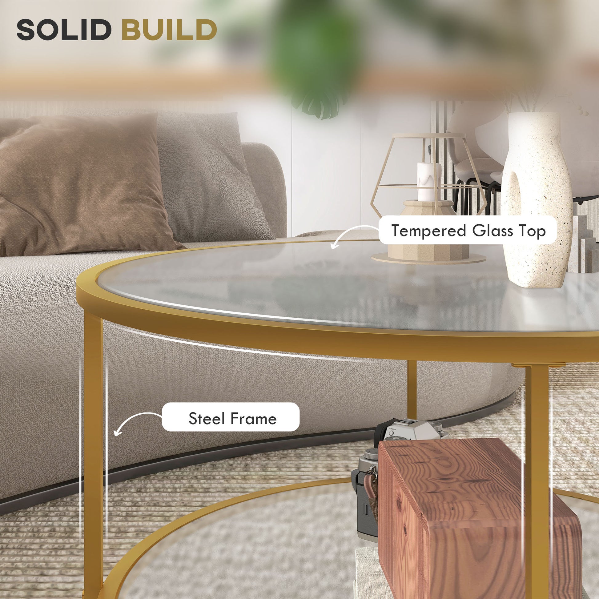 Homcom Side Table With Storage, 26" Round End Table, 2 Tier Tempered Glass Coffee Table With Steel Frame For Living Room, Gold Gold Glass Metal