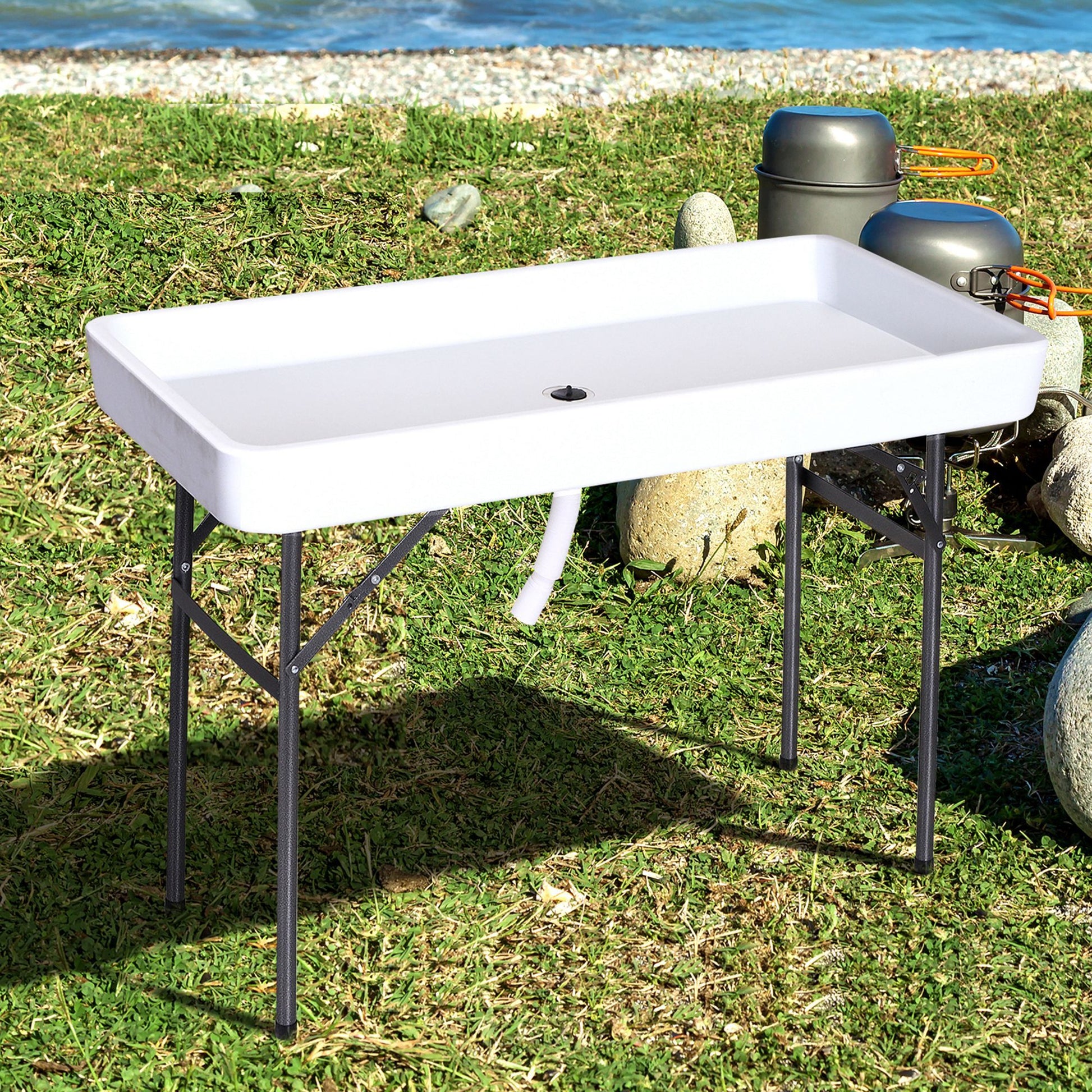 Outsunny 4Ft Portable Folding Fish Fillet Cleaning Table Camping Picnic Ice Party Desk With Sink White Metal