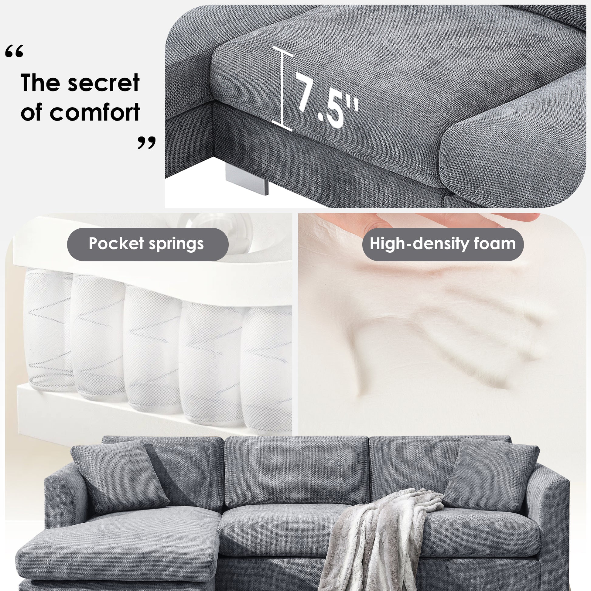 96*56" Modern Cloud Sectional Sofa,L Shaped Luxury Couch Set With 2 Free Pillows,4 Seat Chenille Indoor Furniture With Oversized Chaise For Living Room,Apartment,Office,3 Colors Gray Chenille 4 Seat