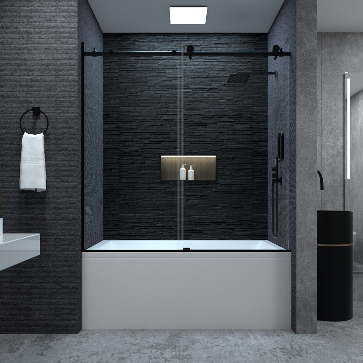 58 60" W X 60" H Frameless Sliding Bathtub Door, Tub Shower Door, Bathtub Glass Door, Bathtub Shower Door, 1 4" 6Mm Certified Clear Tempered Glass, Matte Black Matte Black Stainless Steel