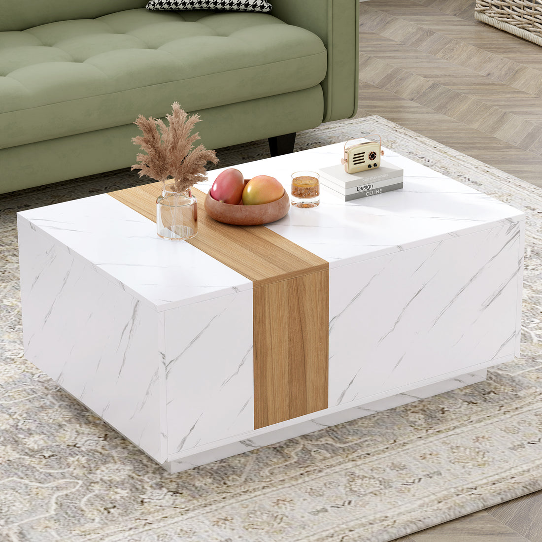 Modern 35.4 X 23.6 Inch Two Tone Coffee Table With Faux Marble And Walnut Wood Grain Finish, Rectangular Center Table With 2 Storage Drawers, Practical Cocktail Table For Living Room, White White Primary Living Space Drawers Rectangular Particle Board