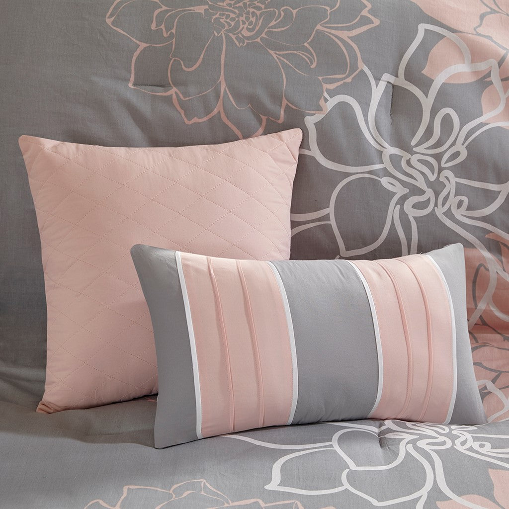 Printed Cotton Sateen Comforter Set Grey Peach King King Grey Peach Polyester