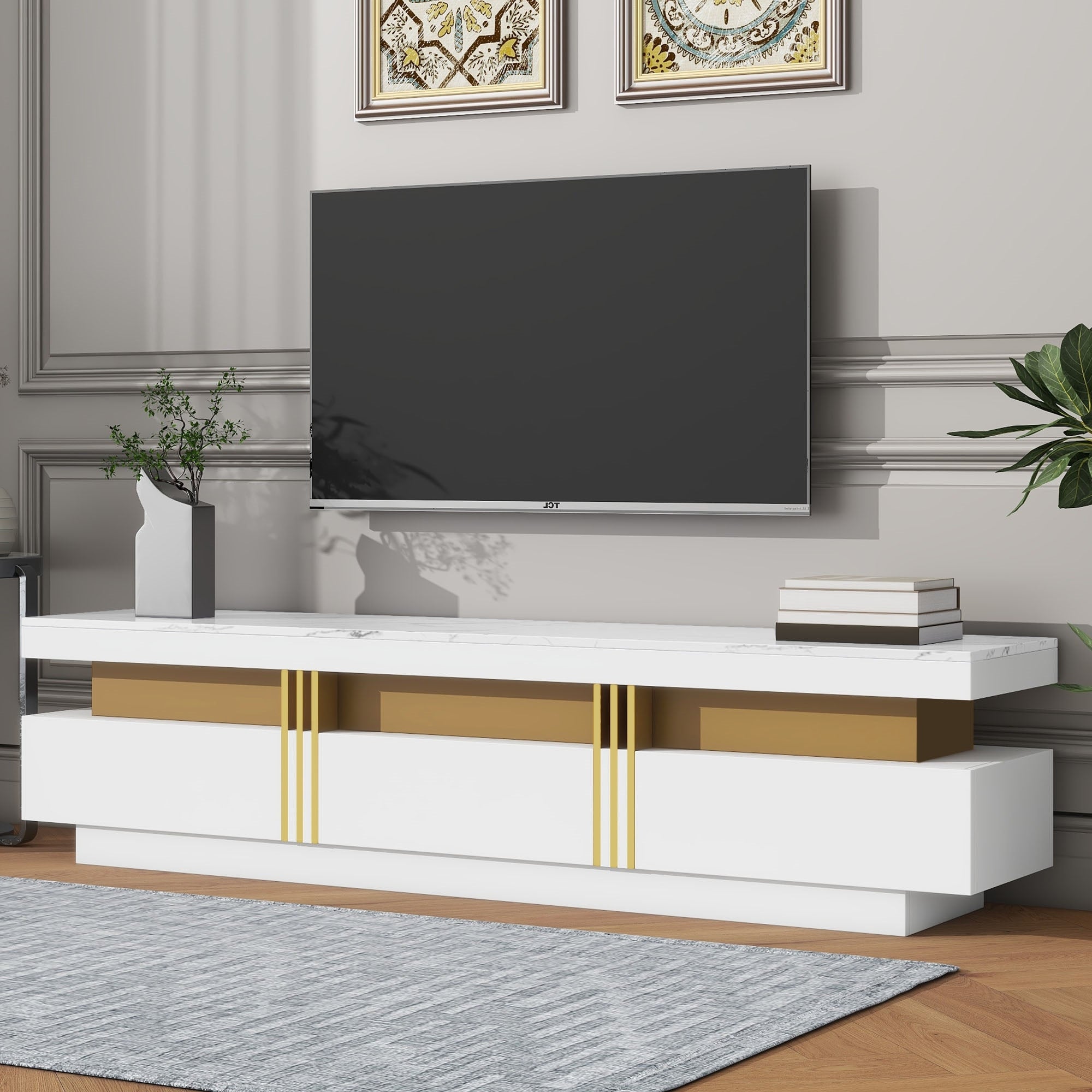 Luxury Tv Stand With High Gloss Faux Marble Top For Tvs Up To 78'', Rectangle Media Console With Golden Panel Design, Practical Entertainment Center With 3 Drawers For Living Room, White White Gold 70 79 Inches 70 79 Inches Mdf