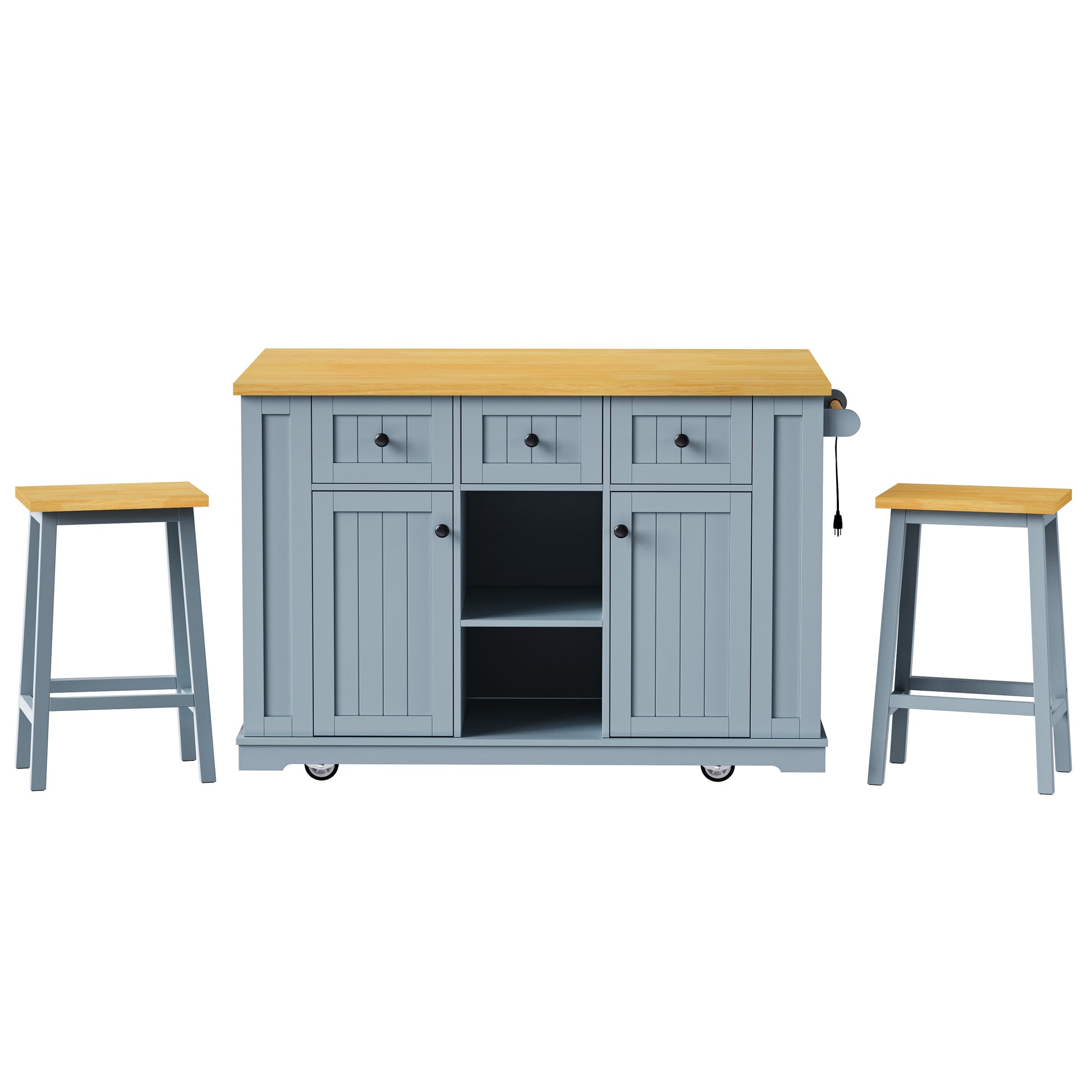 K&K 53Inch Large Kitchen Island With 2 Bar Stools, Power Outlet,Door Internal Storage Rack,Kitchen Storage Cart On 5 Wheels With Drop Leaf,5 Open Side Racks,3 Drawers For Kitchen,Dining Room,Grey Blue Grey Blue Gray Kitchen