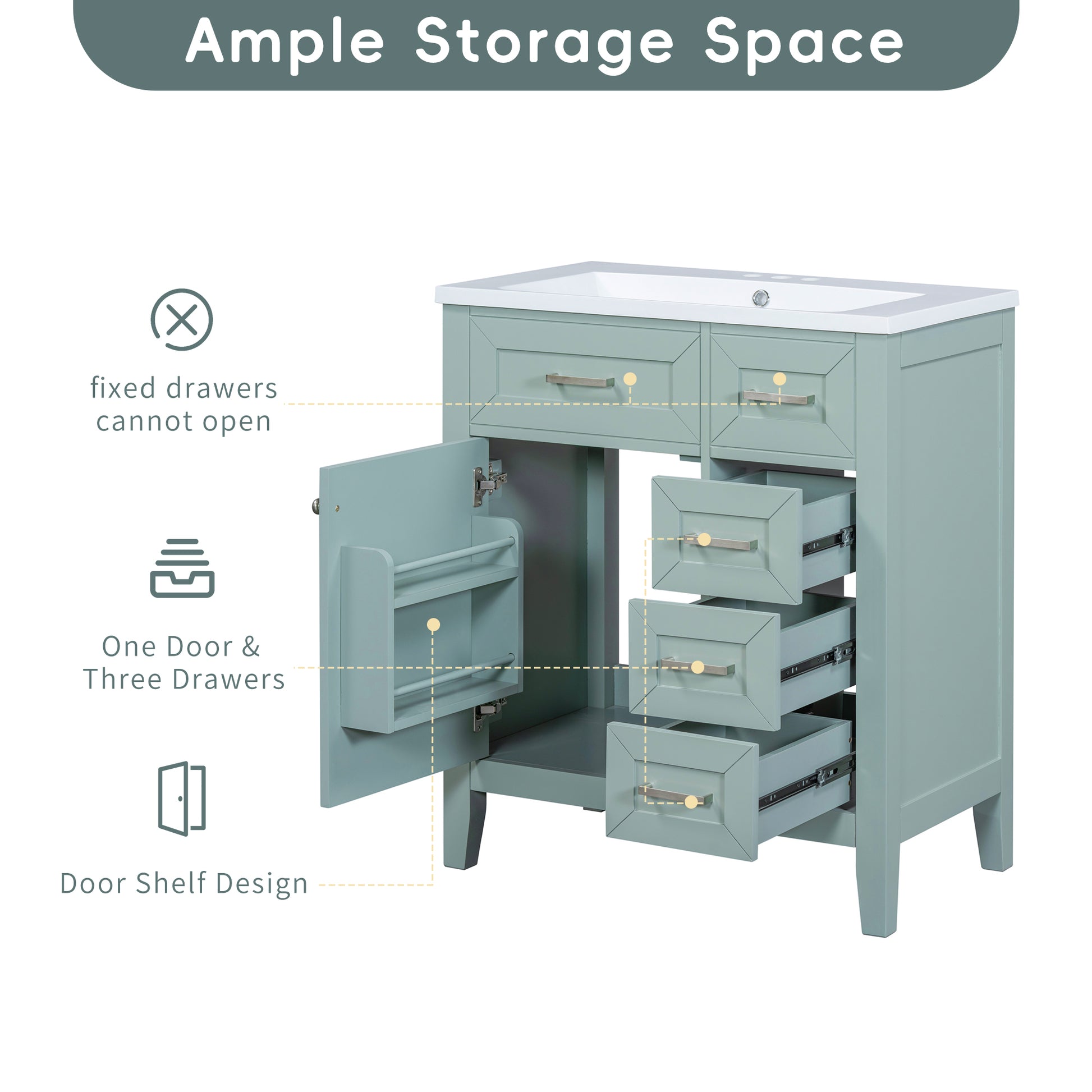 30" Bathroom Vanity With Sink Combo, Green Bathroom Cabinet With Drawers, Solid Frame And Mdf Board Old Sku:N725S999222F Green Solid Wood Mdf