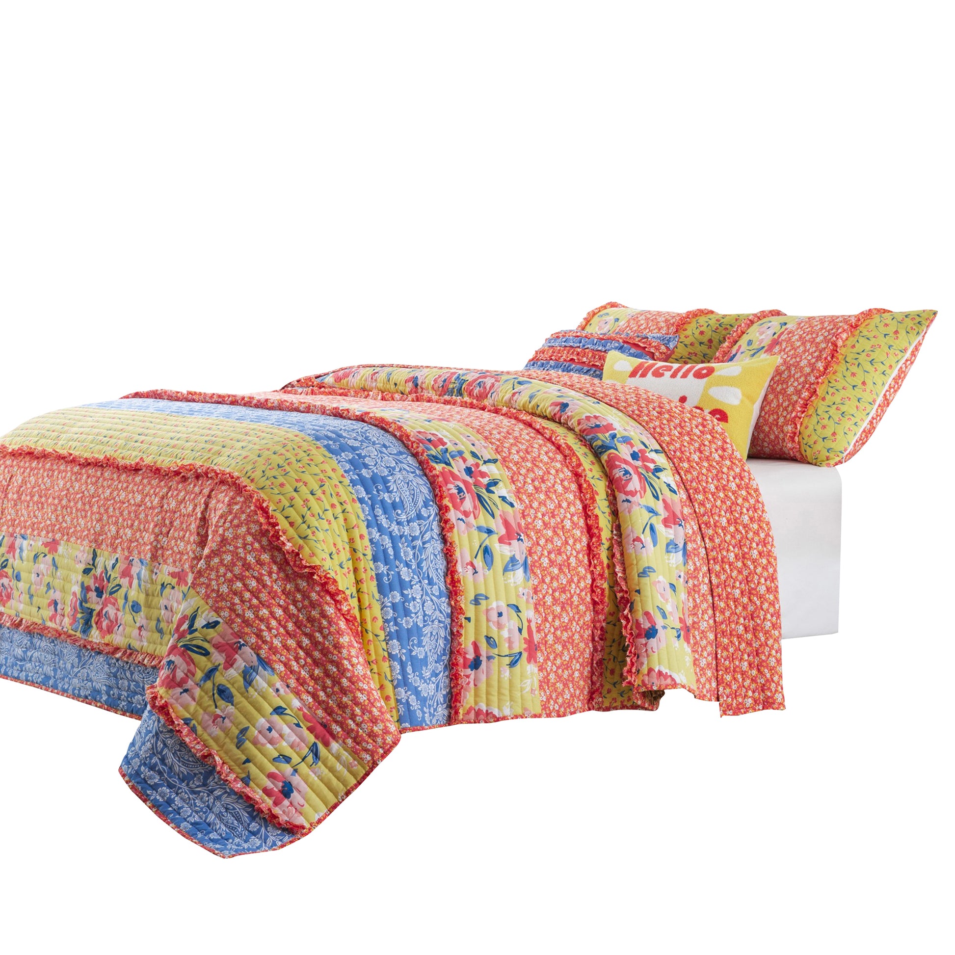 Lio 3 Piece Microfiber Queen Quilt Set, Bohemian Floral Pattern, Multicolor Queen Multicolor Fabric